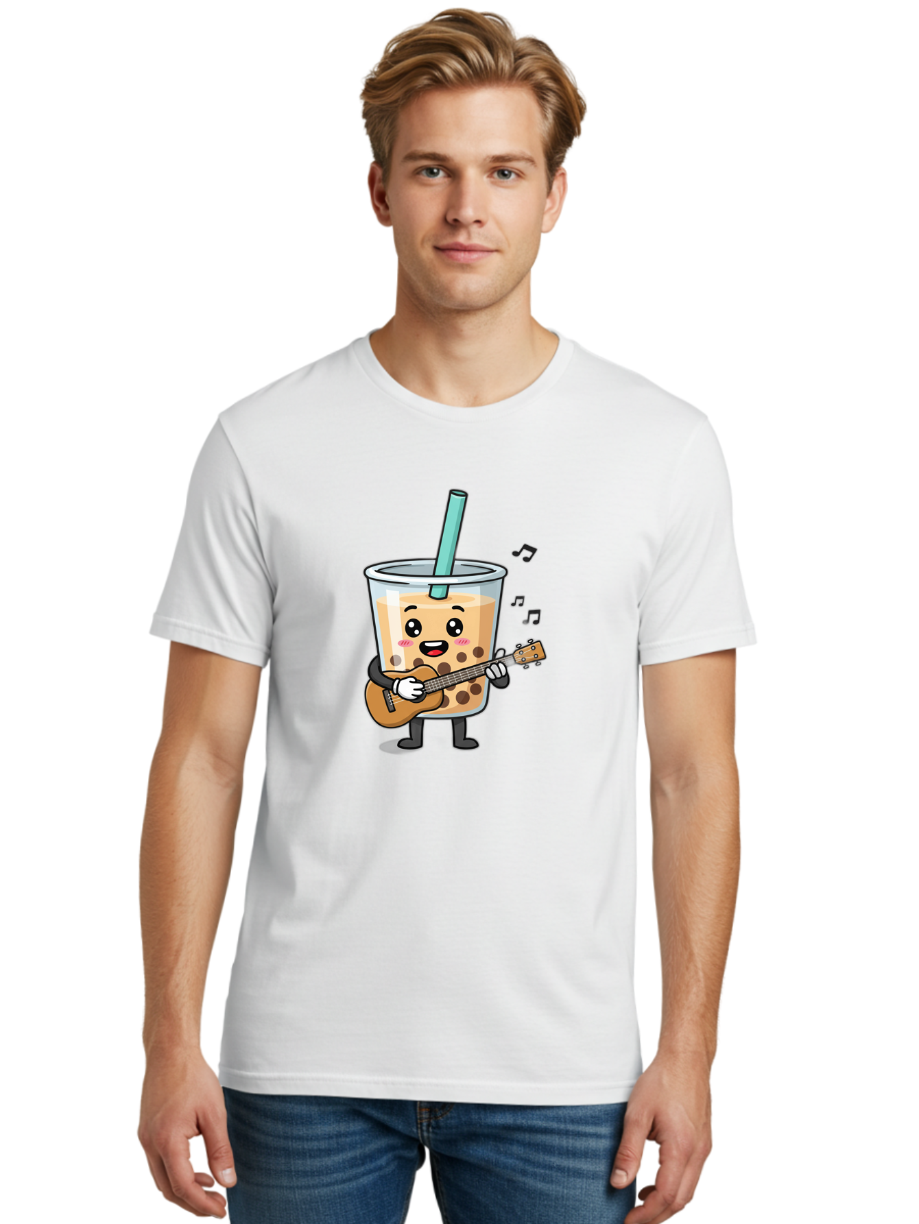 Bubble-Tea-With-Ukulele Men'S Graphic Tee, 100% Cotton, Comfortable Casual Summer Wear, Machine Washable, Boba Tea Playing Guitar, Cute Cartoon Character, Bubble Tea Mascot, Music Lover, Fun Beverage, Kawaii, Milk Tea, Quirky Illustration Bac713