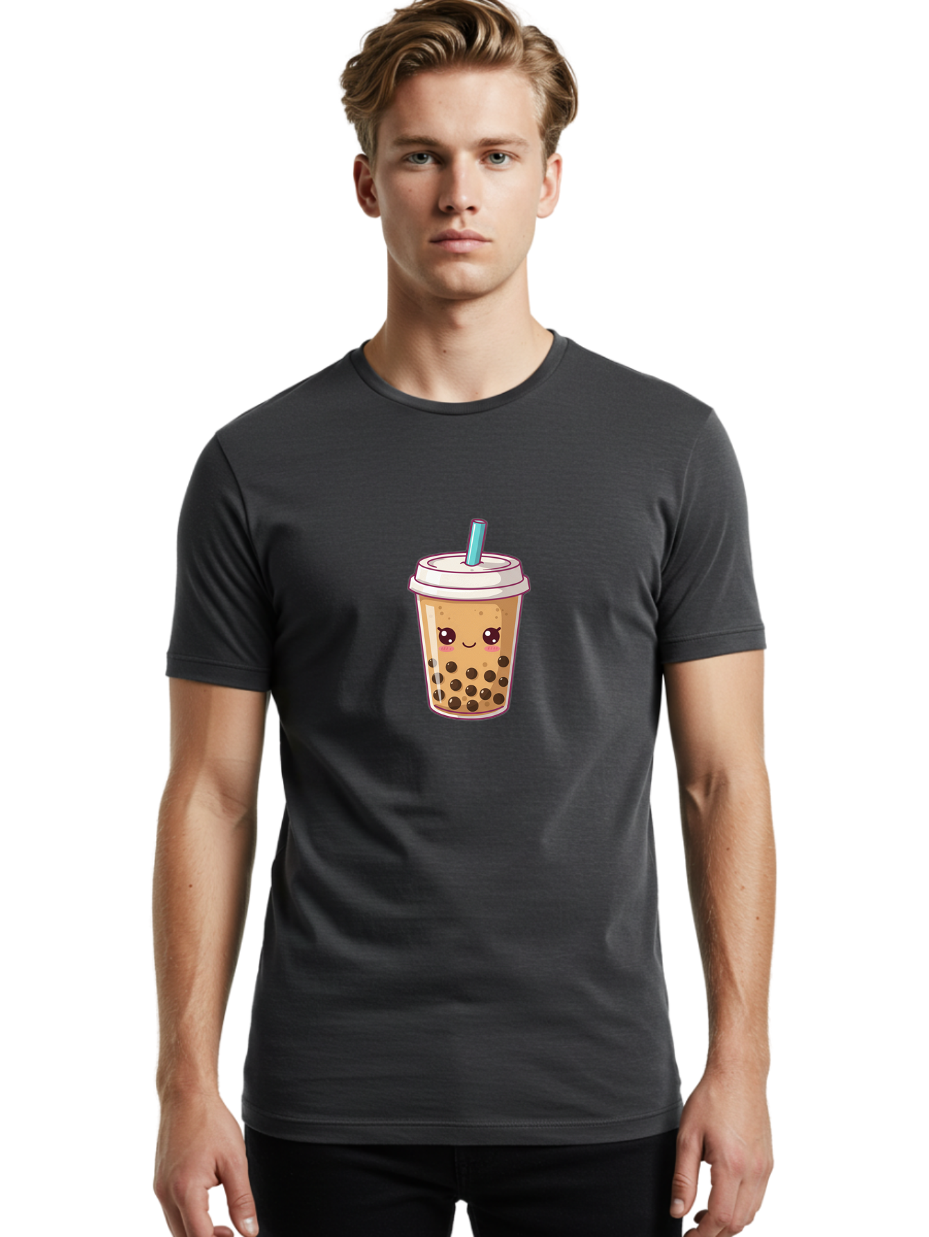 Bubble-Tea Men'S Graphic Tee, 100% Cotton, Comfortable Casual Summer Wear, Machine Washable, Cartoon Bubble Tea, Milk Tea With Boba, Bubble Tea Drink, Kawaii Drink, Cute Beverage, Boba Tea, Tea With Straw, Smiling Drink Bac714