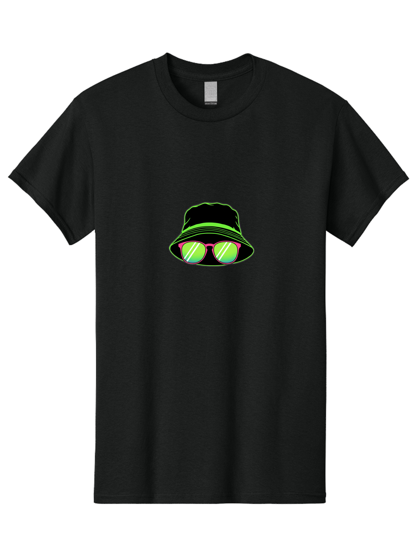Bucket-Hat-Sunglasses Men'S Graphic Tee, 100% Cotton, Comfortable Casual Summer Wear, Machine Washable, Black Hat, Pink Sunglasses, Green Lenses, White Highlights, Stylish Accessory, Fashion Statement, Trendy Look, Cool Vibe, Hipster Style Bac718