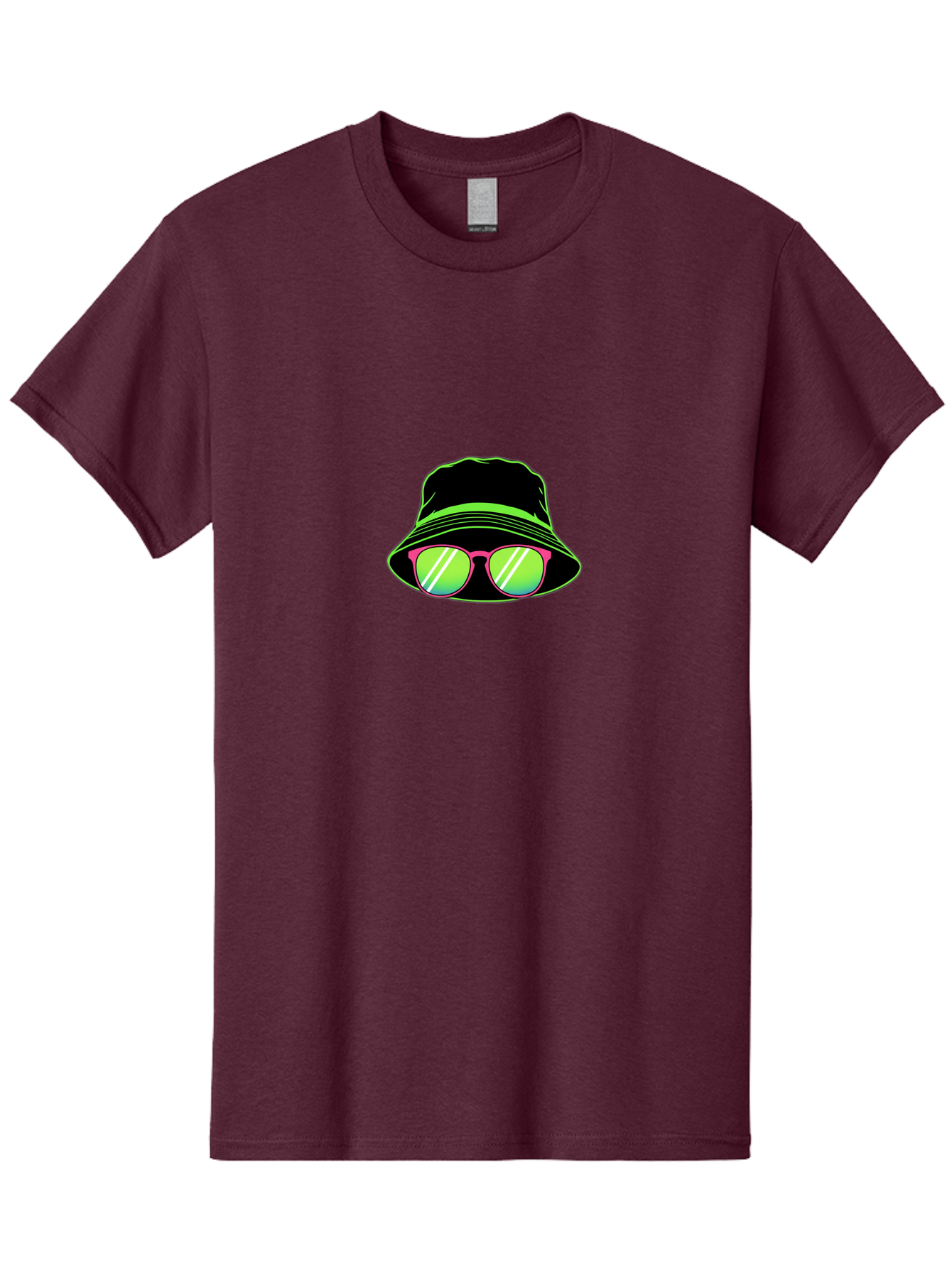 Bucket-Hat-Sunglasses Men'S Graphic Tee, 100% Cotton, Comfortable Casual Summer Wear, Machine Washable, Black Hat, Pink Sunglasses, Green Lenses, White Highlights, Stylish Accessory, Fashion Statement, Trendy Look, Cool Vibe, Hipster Style Bac718