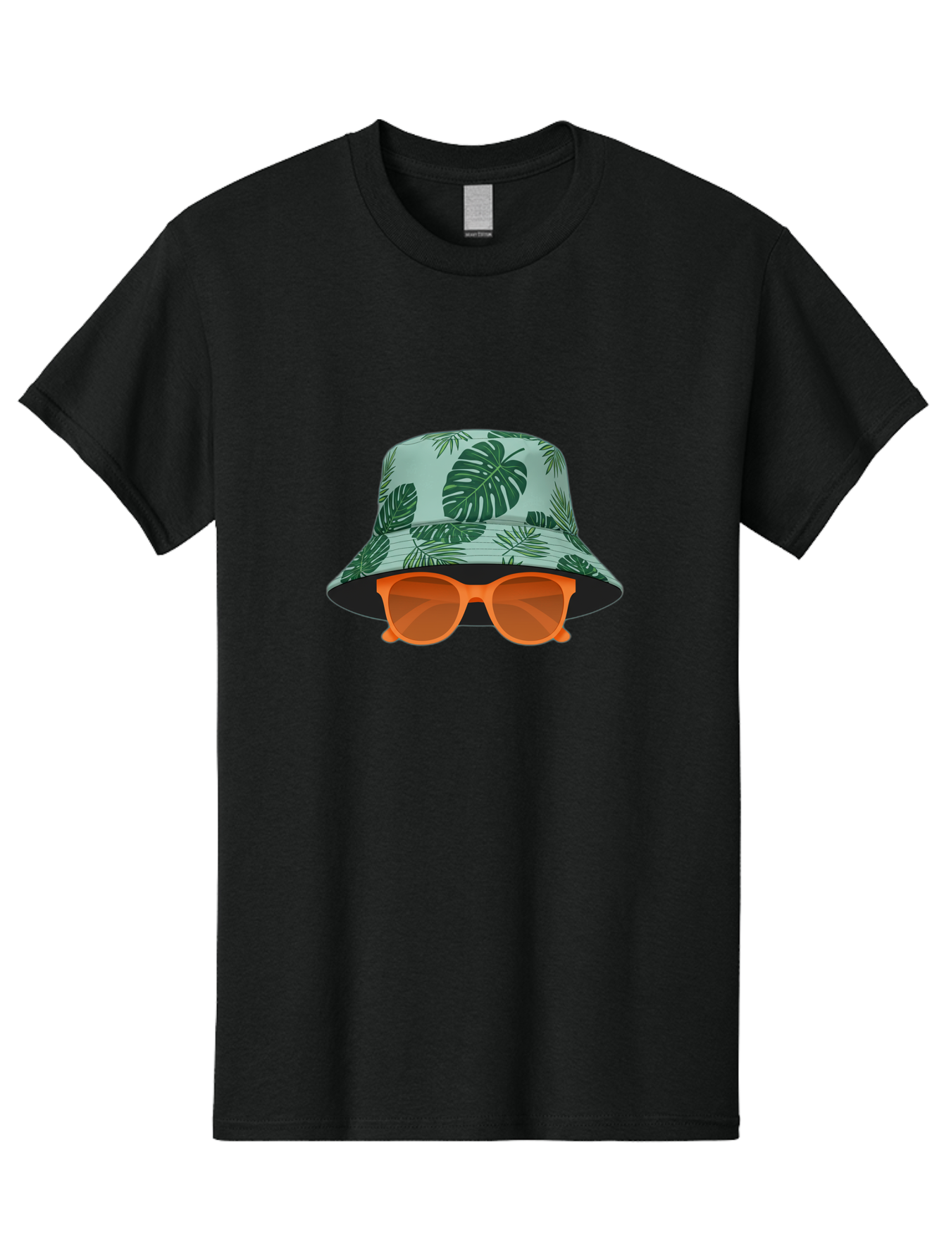 Bucket-Hat-With-Sunglasses Men'S Graphic Tee, 100% Cotton, Comfortable Casual Summer Wear, Machine Washable, Summer Fashion, Tropical Vibes, Stylish Accessories, Leaf Pattern, Fashionable Eyewear, Beachwear, Trendy Clothing, Orange Sunglasses, Bac719