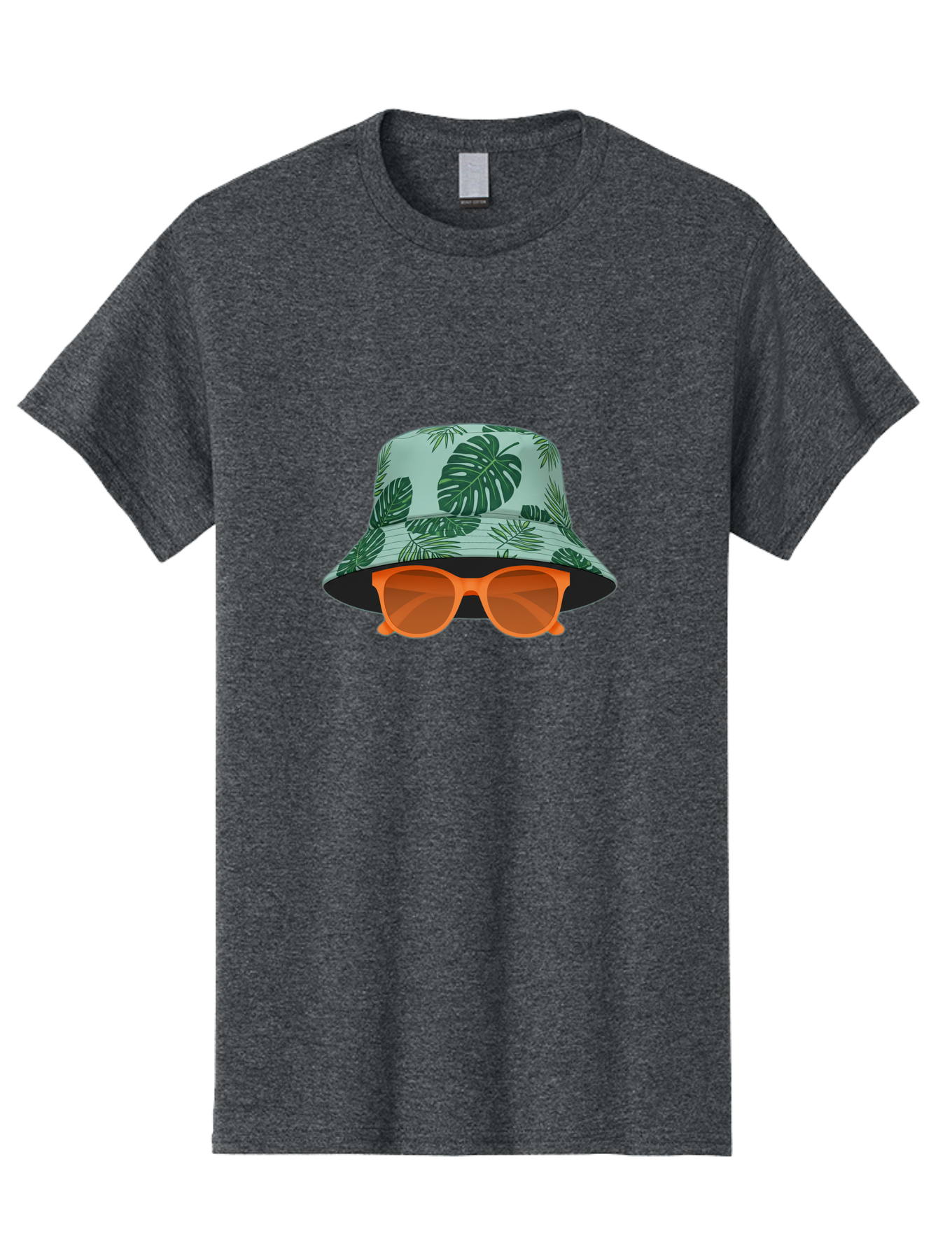 Bucket-Hat-With-Sunglasses Men'S Graphic Tee, 100% Cotton, Comfortable Casual Summer Wear, Machine Washable, Summer Fashion, Tropical Vibes, Stylish Accessories, Leaf Pattern, Fashionable Eyewear, Beachwear, Trendy Clothing, Orange Sunglasses, Bac719