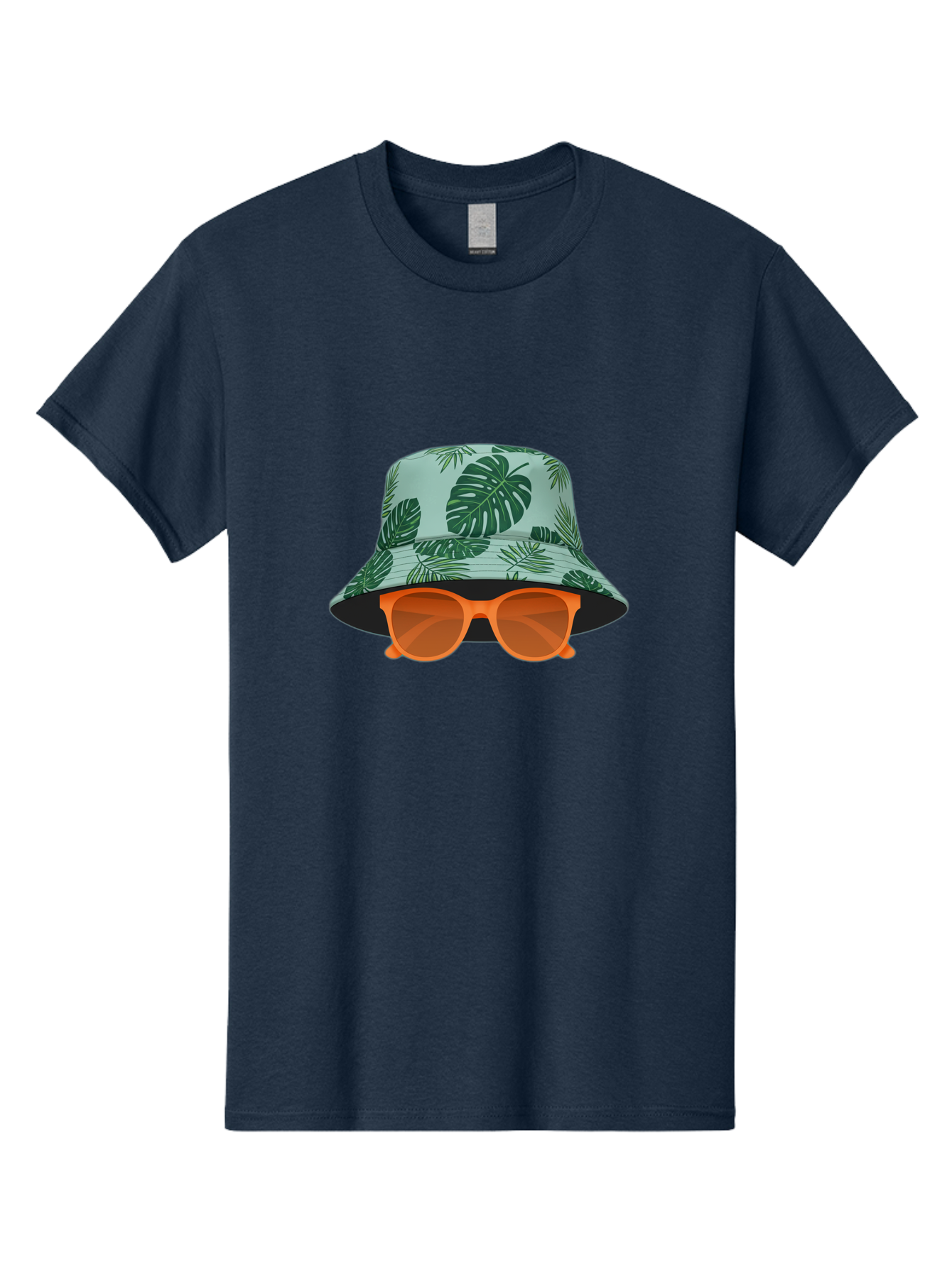 Bucket-Hat-With-Sunglasses Men'S Graphic Tee, 100% Cotton, Comfortable Casual Summer Wear, Machine Washable, Summer Fashion, Tropical Vibes, Stylish Accessories, Leaf Pattern, Fashionable Eyewear, Beachwear, Trendy Clothing, Orange Sunglasses, Bac719