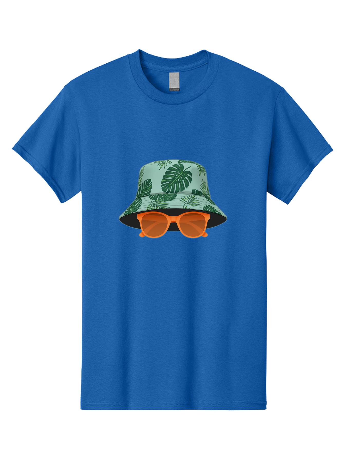 Bucket-Hat-With-Sunglasses Men'S Graphic Tee, 100% Cotton, Comfortable Casual Summer Wear, Machine Washable, Summer Fashion, Tropical Vibes, Stylish Accessories, Leaf Pattern, Fashionable Eyewear, Beachwear, Trendy Clothing, Orange Sunglasses, Bac719