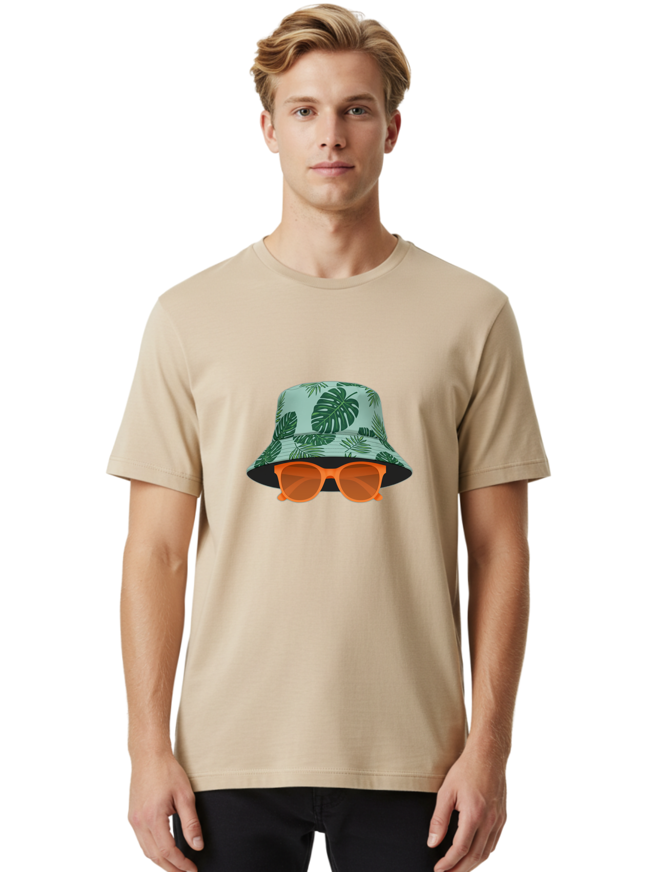Bucket-Hat-With-Sunglasses Men'S Graphic Tee, 100% Cotton, Comfortable Casual Summer Wear, Machine Washable, Summer Fashion, Tropical Vibes, Stylish Accessories, Leaf Pattern, Fashionable Eyewear, Beachwear, Trendy Clothing, Orange Sunglasses, Bac719