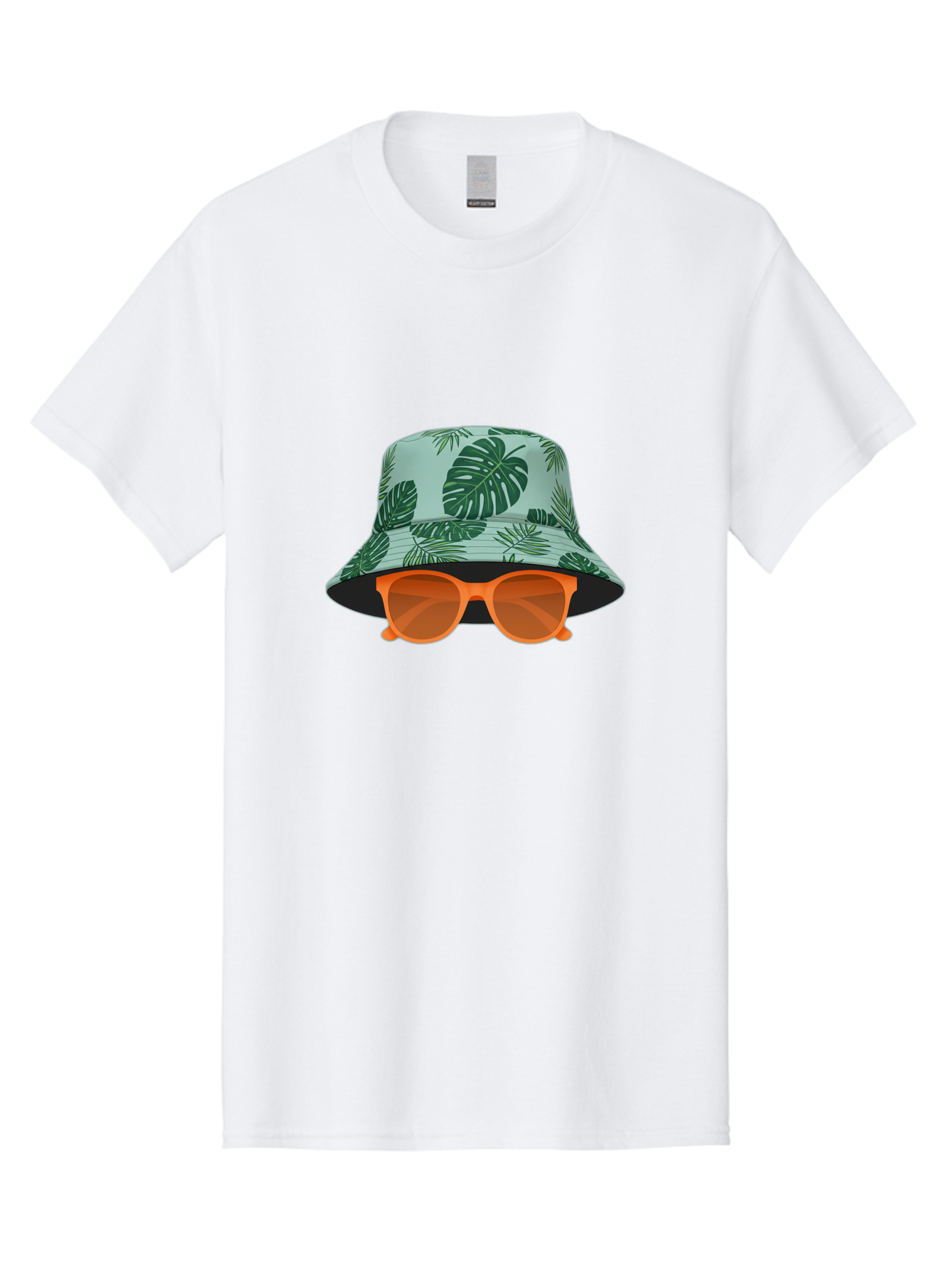 Bucket-Hat-With-Sunglasses Men'S Graphic Tee, 100% Cotton, Comfortable Casual Summer Wear, Machine Washable, Summer Fashion, Tropical Vibes, Stylish Accessories, Leaf Pattern, Fashionable Eyewear, Beachwear, Trendy Clothing, Orange Sunglasses, Bac719
