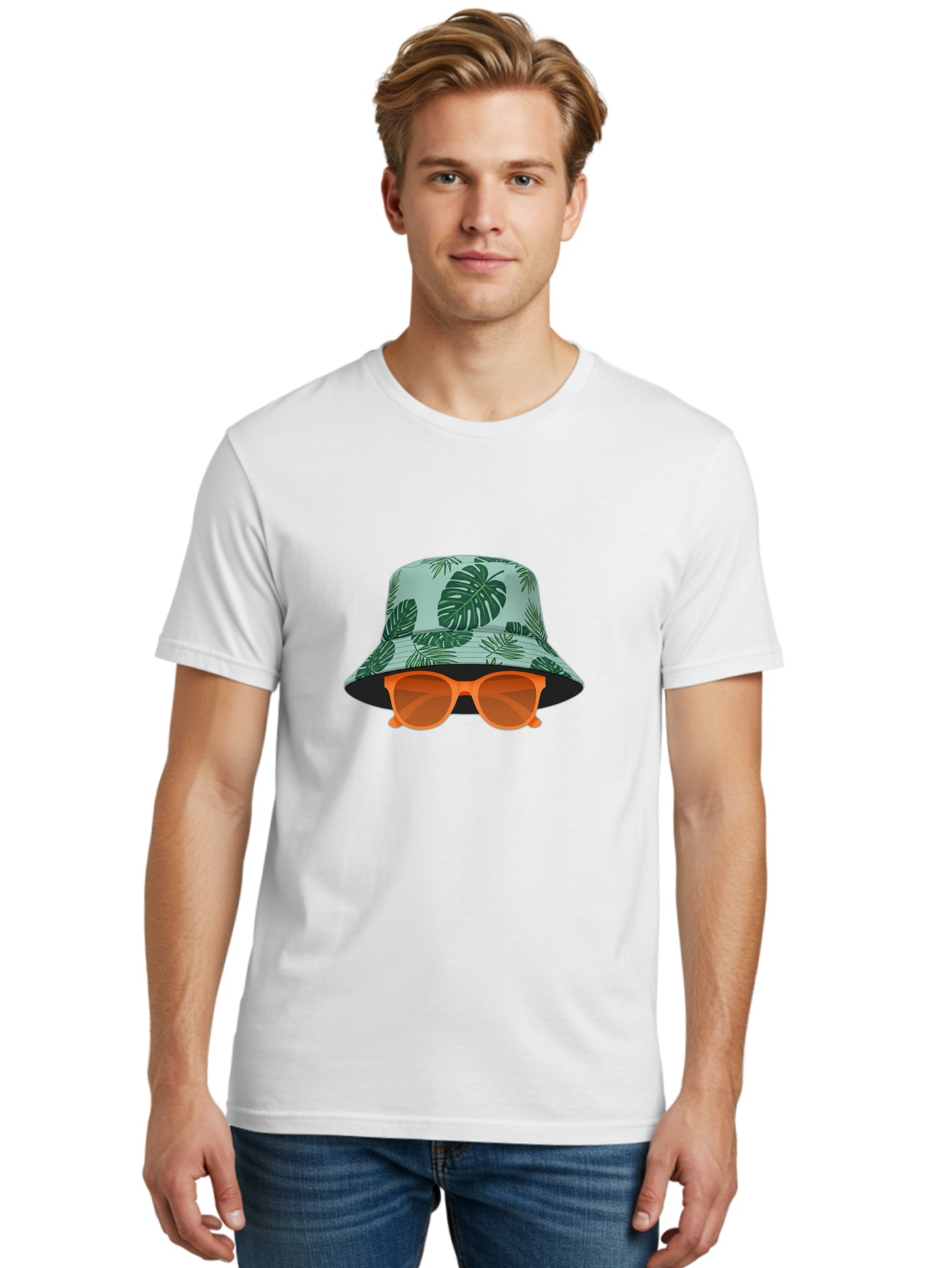 Bucket-Hat-With-Sunglasses Men'S Graphic Tee, 100% Cotton, Comfortable Casual Summer Wear, Machine Washable, Summer Fashion, Tropical Vibes, Stylish Accessories, Leaf Pattern, Fashionable Eyewear, Beachwear, Trendy Clothing, Orange Sunglasses, Bac719