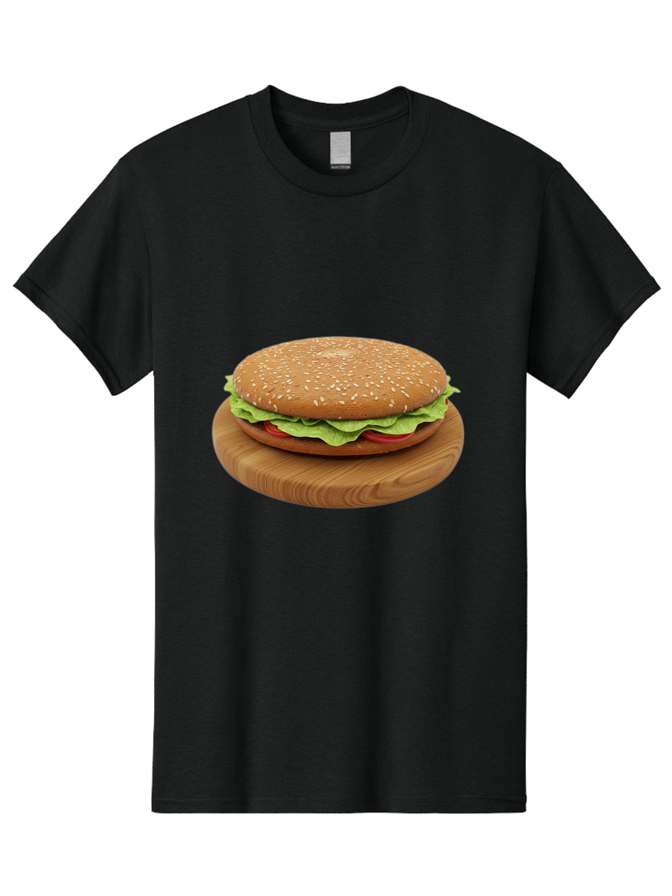 Burger-On-Chopping-Board Men'S Graphic Tee, 100% Cotton, Comfortable Casual Summer Wear, Machine Washable, Sesame Seed Bun, Lettuce, Tomato, Wooden Board, Gourmet Food, Meal Presentation, Appetizing Burger, Fast Food Bac720