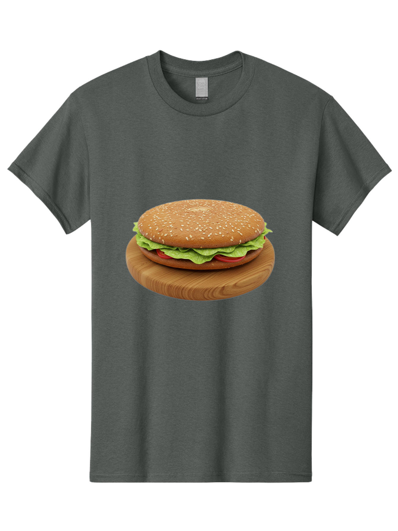 Burger-On-Chopping-Board Men'S Graphic Tee, 100% Cotton, Comfortable Casual Summer Wear, Machine Washable, Sesame Seed Bun, Lettuce, Tomato, Wooden Board, Gourmet Food, Meal Presentation, Appetizing Burger, Fast Food Bac720