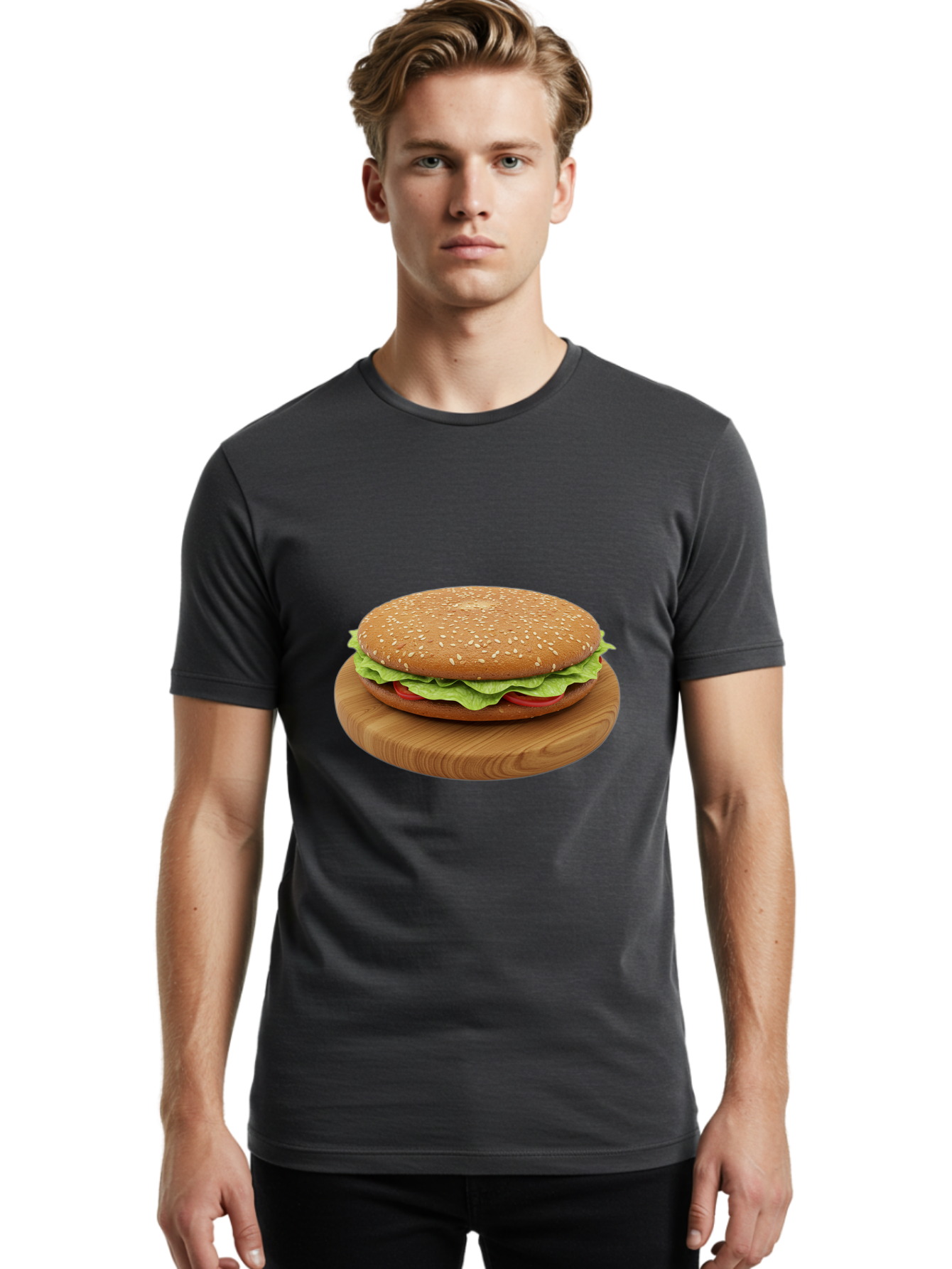 Burger-On-Chopping-Board Men'S Graphic Tee, 100% Cotton, Comfortable Casual Summer Wear, Machine Washable, Sesame Seed Bun, Lettuce, Tomato, Wooden Board, Gourmet Food, Meal Presentation, Appetizing Burger, Fast Food Bac720