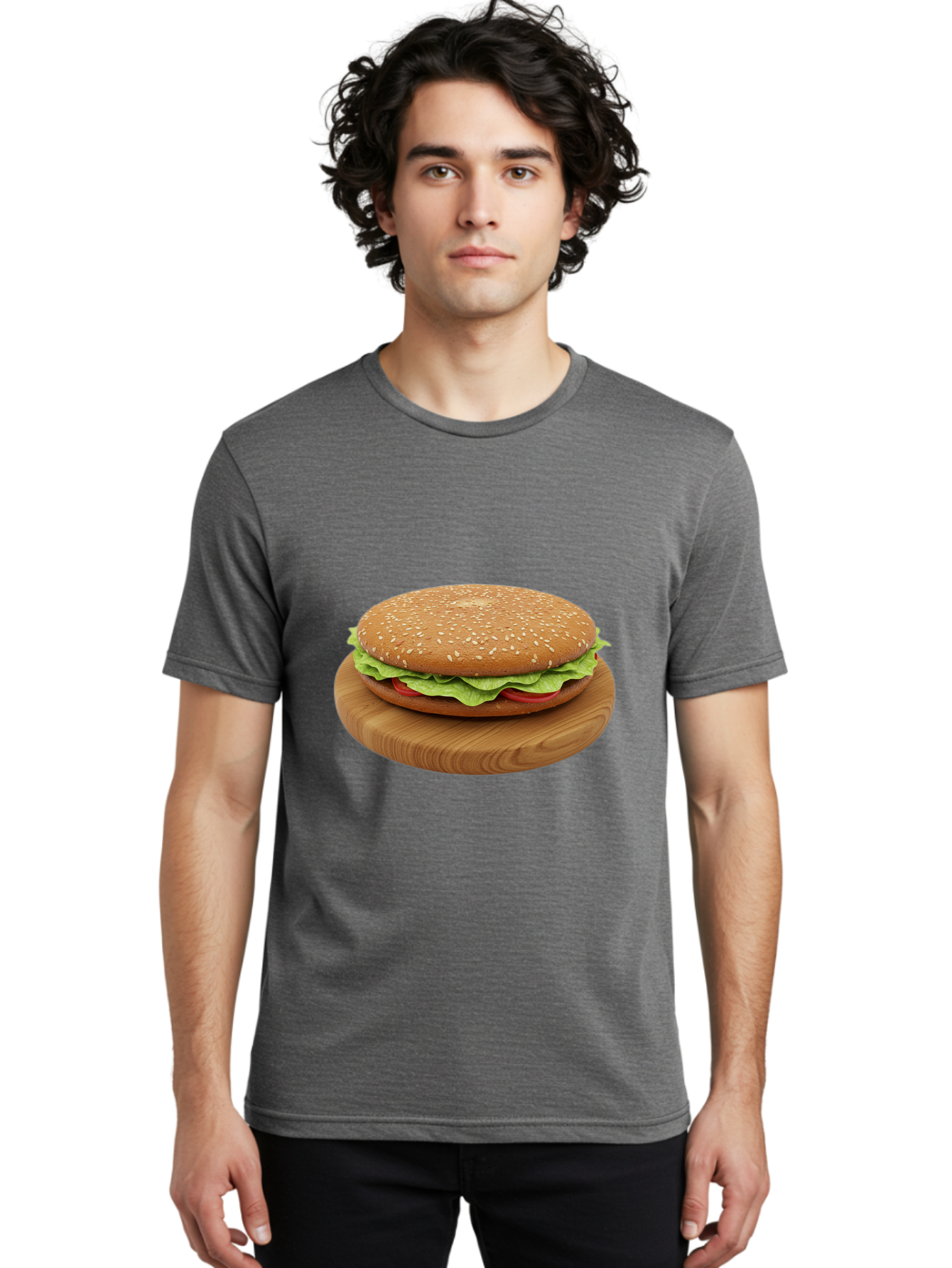 Burger-On-Chopping-Board Men'S Graphic Tee, 100% Cotton, Comfortable Casual Summer Wear, Machine Washable, Sesame Seed Bun, Lettuce, Tomato, Wooden Board, Gourmet Food, Meal Presentation, Appetizing Burger, Fast Food Bac720