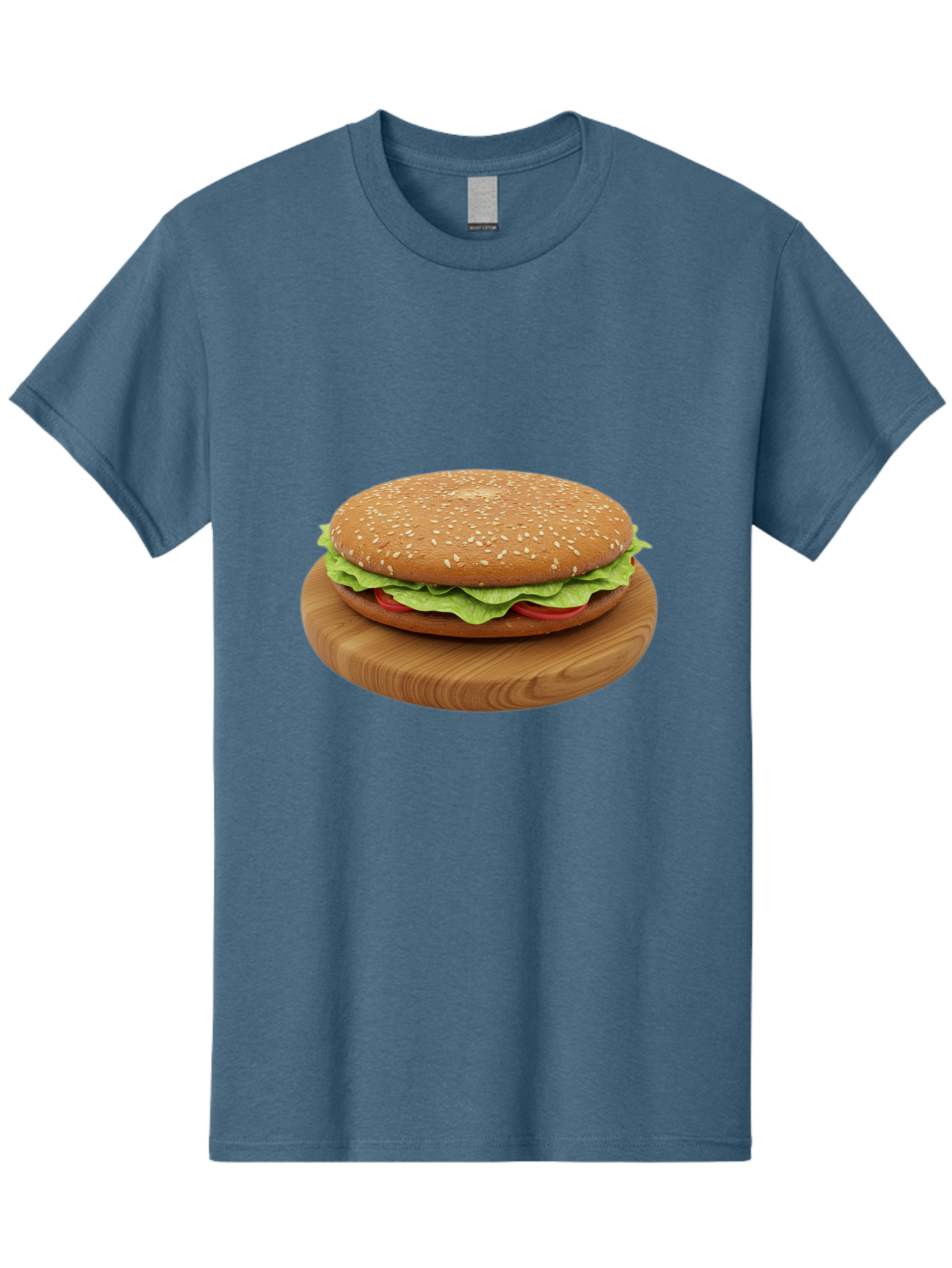 Burger-On-Chopping-Board Men'S Graphic Tee, 100% Cotton, Comfortable Casual Summer Wear, Machine Washable, Sesame Seed Bun, Lettuce, Tomato, Wooden Board, Gourmet Food, Meal Presentation, Appetizing Burger, Fast Food Bac720