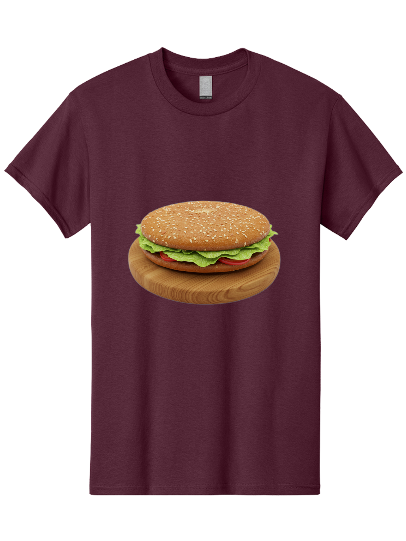 Burger-On-Chopping-Board Men'S Graphic Tee, 100% Cotton, Comfortable Casual Summer Wear, Machine Washable, Sesame Seed Bun, Lettuce, Tomato, Wooden Board, Gourmet Food, Meal Presentation, Appetizing Burger, Fast Food Bac720