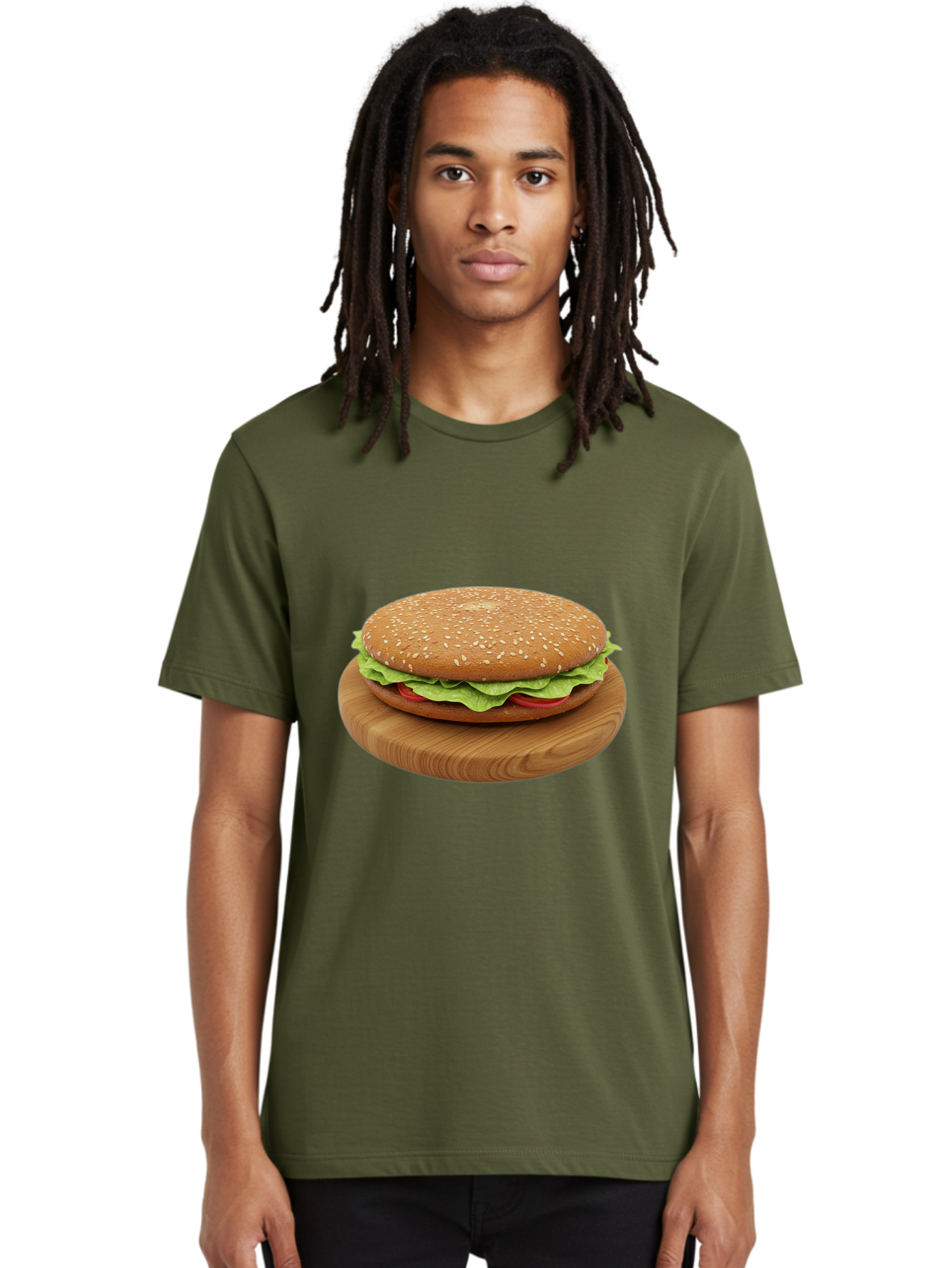 Burger-On-Chopping-Board Men'S Graphic Tee, 100% Cotton, Comfortable Casual Summer Wear, Machine Washable, Sesame Seed Bun, Lettuce, Tomato, Wooden Board, Gourmet Food, Meal Presentation, Appetizing Burger, Fast Food Bac720