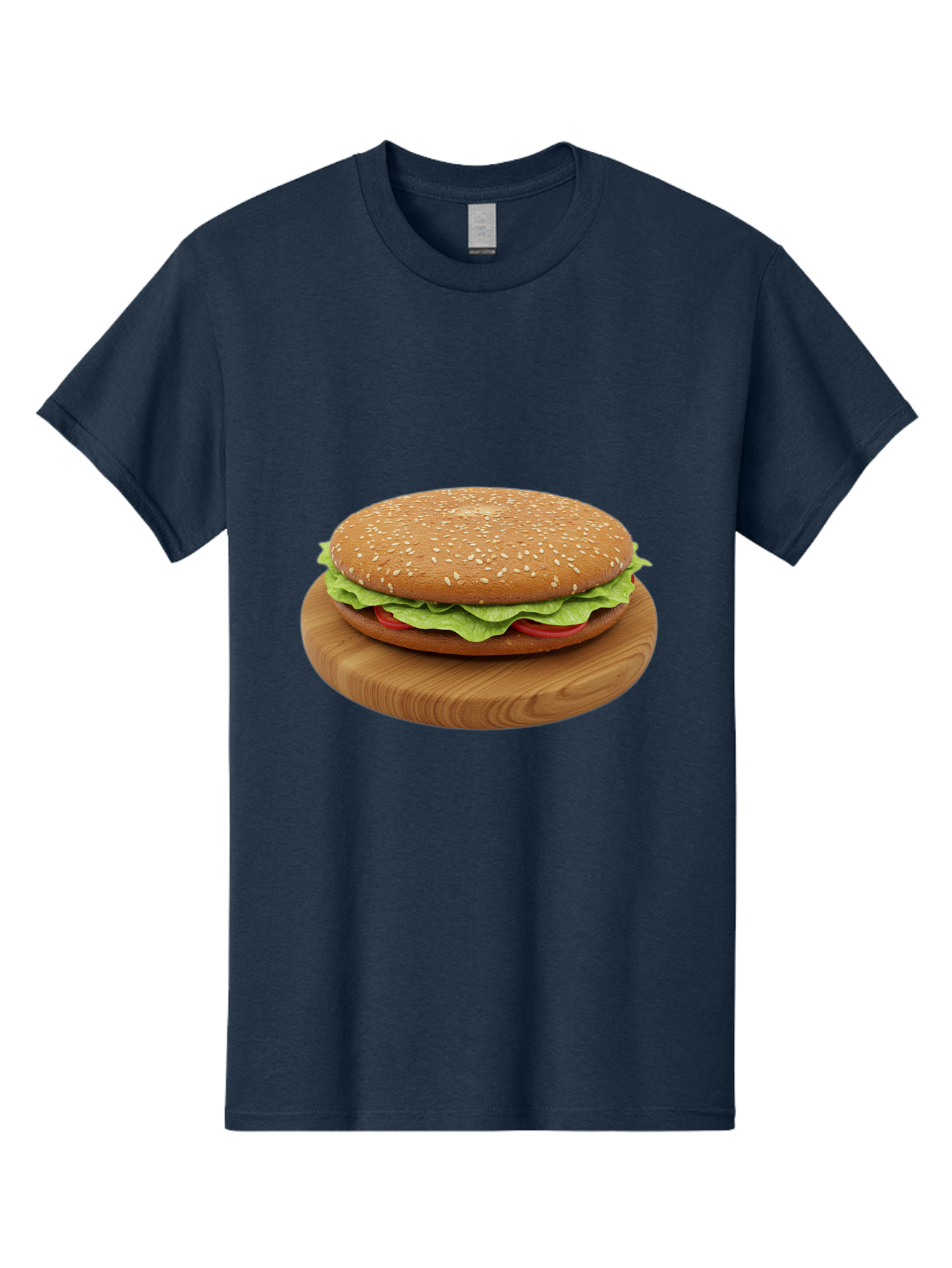 Burger-On-Chopping-Board Men'S Graphic Tee, 100% Cotton, Comfortable Casual Summer Wear, Machine Washable, Sesame Seed Bun, Lettuce, Tomato, Wooden Board, Gourmet Food, Meal Presentation, Appetizing Burger, Fast Food Bac720