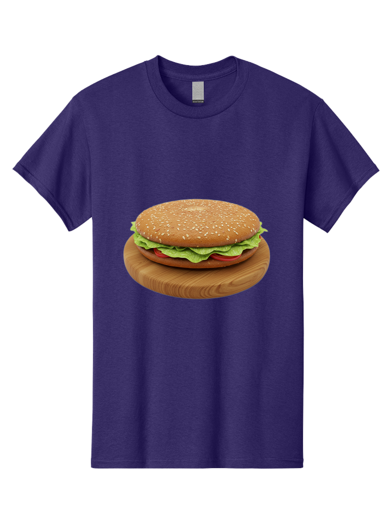 Burger-On-Chopping-Board Men'S Graphic Tee, 100% Cotton, Comfortable Casual Summer Wear, Machine Washable, Sesame Seed Bun, Lettuce, Tomato, Wooden Board, Gourmet Food, Meal Presentation, Appetizing Burger, Fast Food Bac720