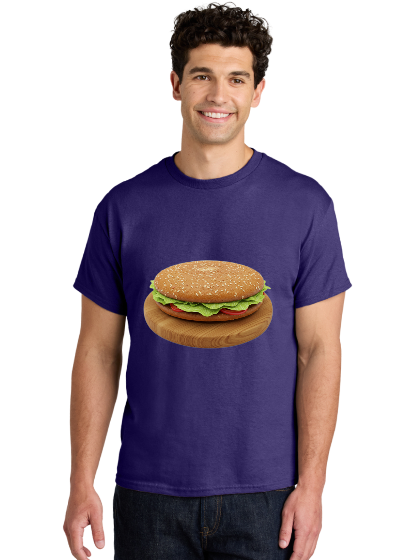 Burger-On-Chopping-Board Men'S Graphic Tee, 100% Cotton, Comfortable Casual Summer Wear, Machine Washable, Sesame Seed Bun, Lettuce, Tomato, Wooden Board, Gourmet Food, Meal Presentation, Appetizing Burger, Fast Food Bac720