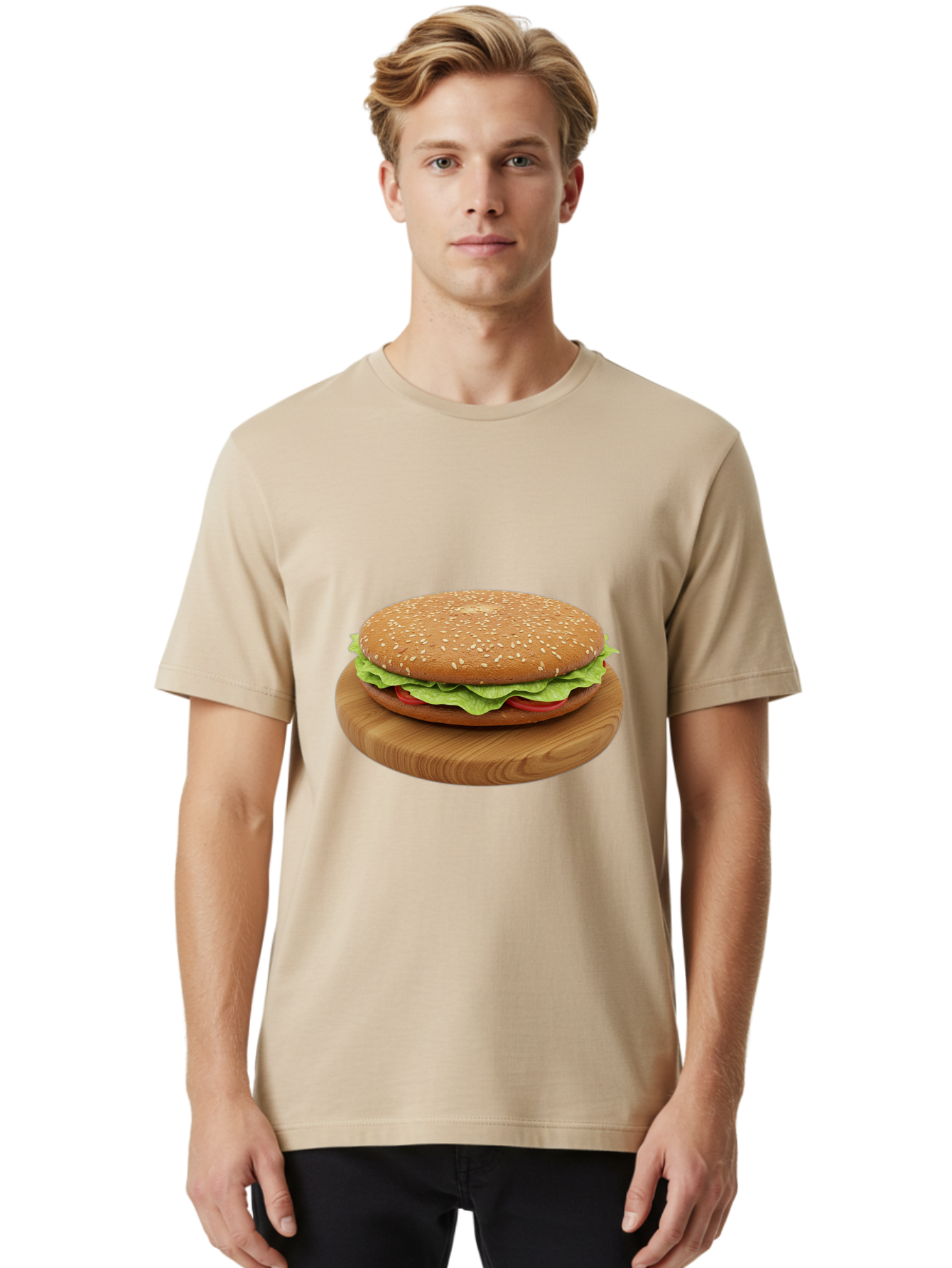 Burger-On-Chopping-Board Men'S Graphic Tee, 100% Cotton, Comfortable Casual Summer Wear, Machine Washable, Sesame Seed Bun, Lettuce, Tomato, Wooden Board, Gourmet Food, Meal Presentation, Appetizing Burger, Fast Food Bac720