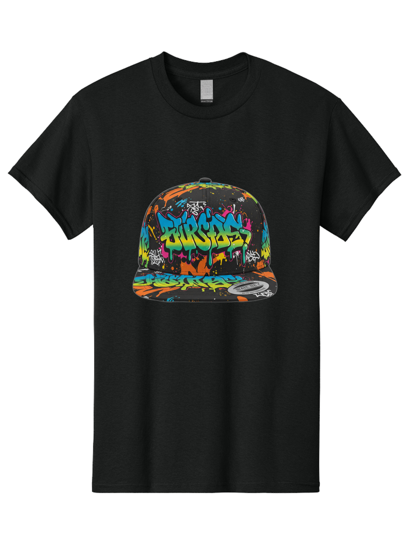 Burstin-Hustle Men'S Graphic Tee, 100% Cotton, Comfortable Casual Summer Wear, Machine Washable, Graffiti Hat, Streetwear Fashion, Urban Style, Colorful Cap, Bold Design, Vibrant Print, Trendy Headwear, Burstin, Splatter Art, Bac721
