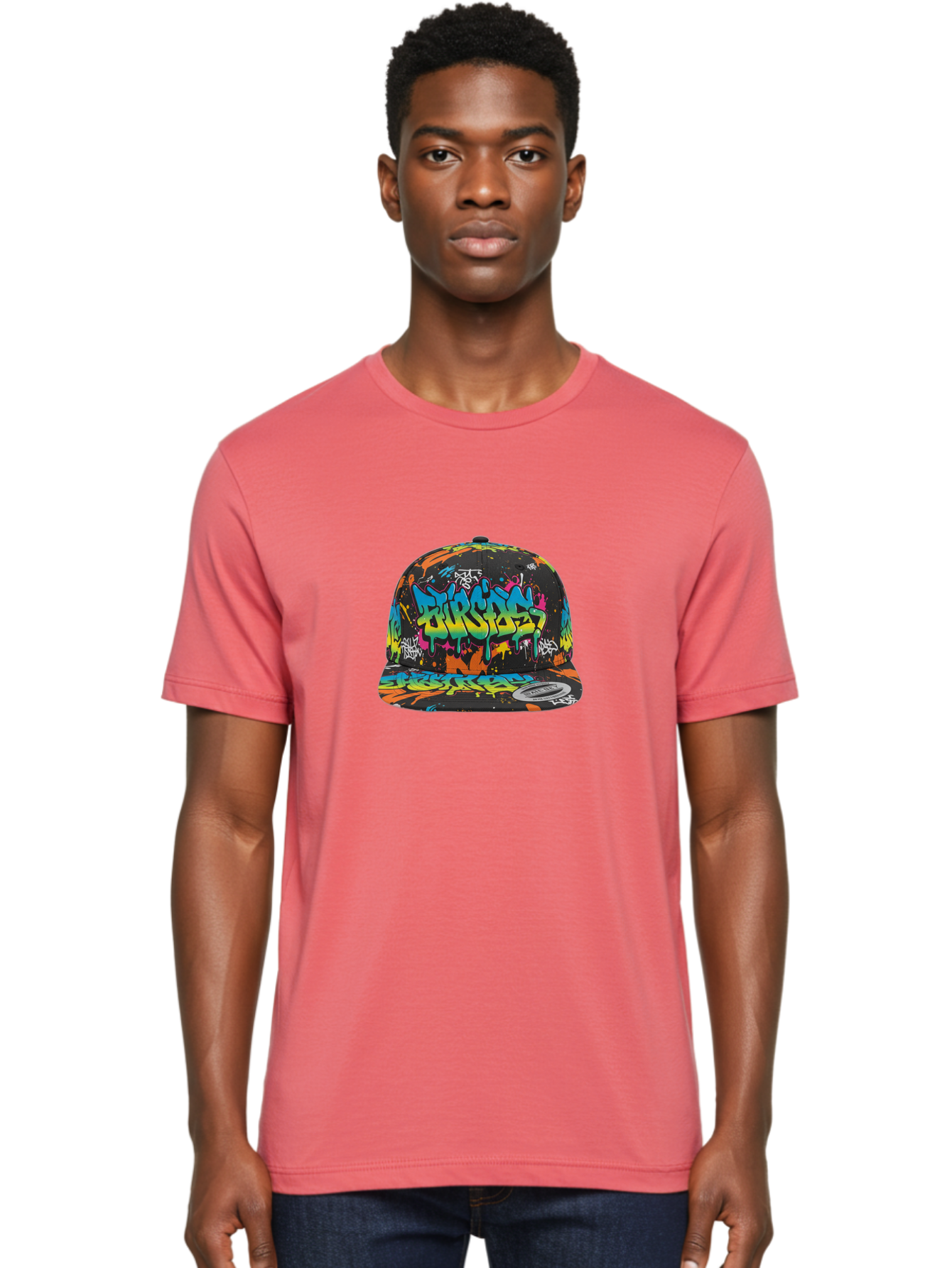 Burstin-Hustle Men'S Graphic Tee, 100% Cotton, Comfortable Casual Summer Wear, Machine Washable, Graffiti Hat, Streetwear Fashion, Urban Style, Colorful Cap, Bold Design, Vibrant Print, Trendy Headwear, Burstin, Splatter Art, Bac721