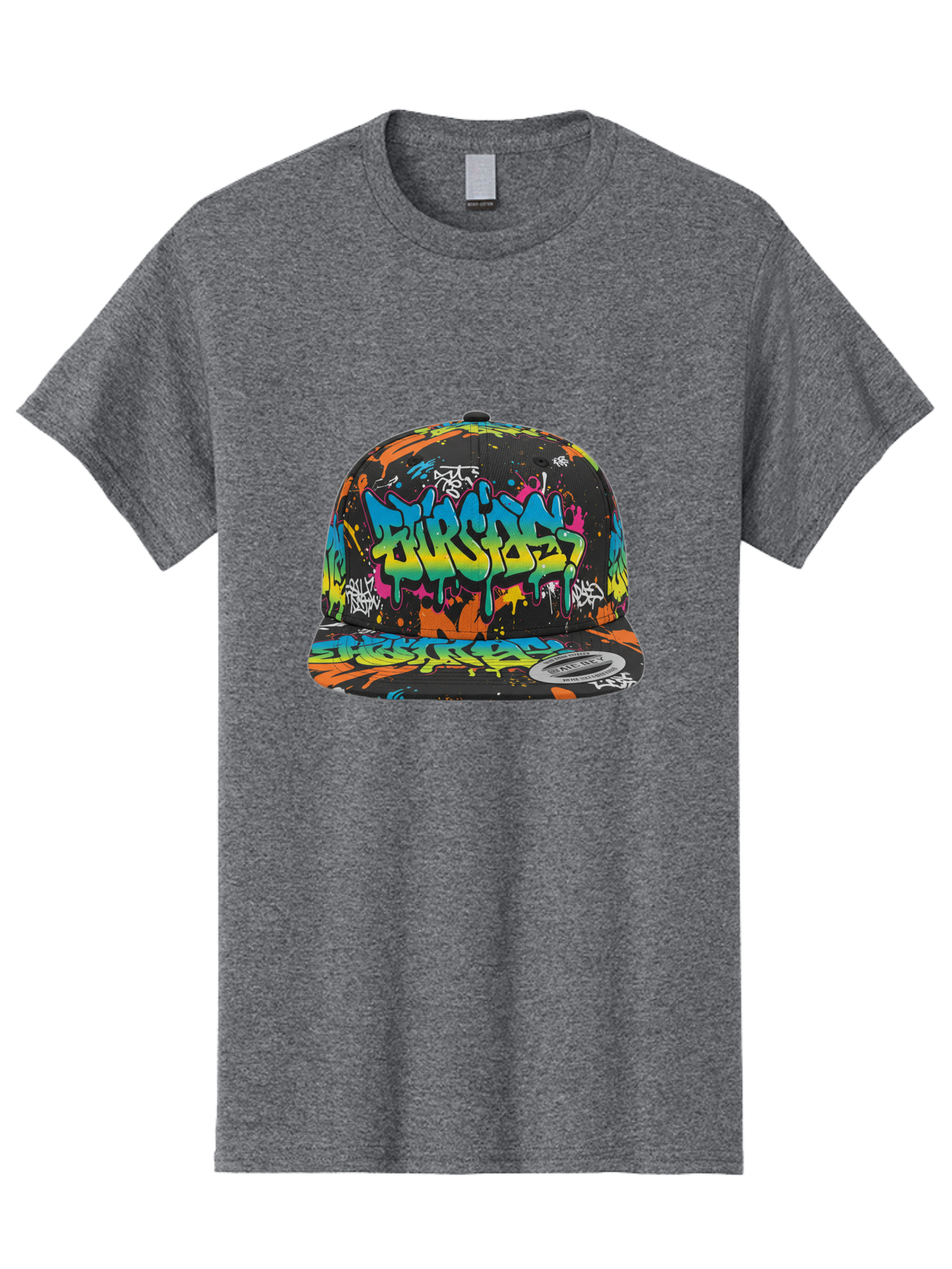 Burstin-Hustle Men'S Graphic Tee, 100% Cotton, Comfortable Casual Summer Wear, Machine Washable, Graffiti Hat, Streetwear Fashion, Urban Style, Colorful Cap, Bold Design, Vibrant Print, Trendy Headwear, Burstin, Splatter Art, Bac721