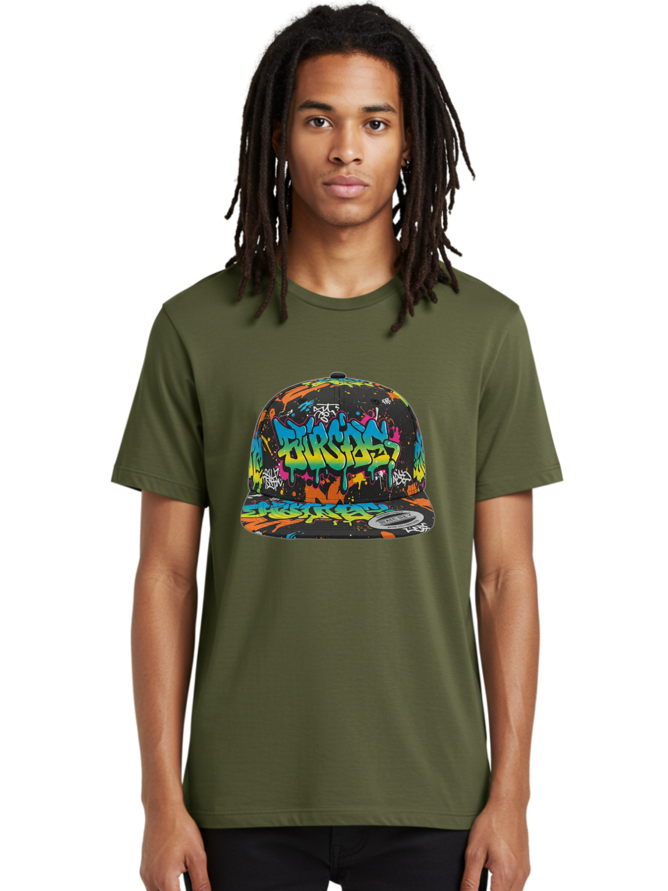 Burstin-Hustle Men'S Graphic Tee, 100% Cotton, Comfortable Casual Summer Wear, Machine Washable, Graffiti Hat, Streetwear Fashion, Urban Style, Colorful Cap, Bold Design, Vibrant Print, Trendy Headwear, Burstin, Splatter Art, Bac721