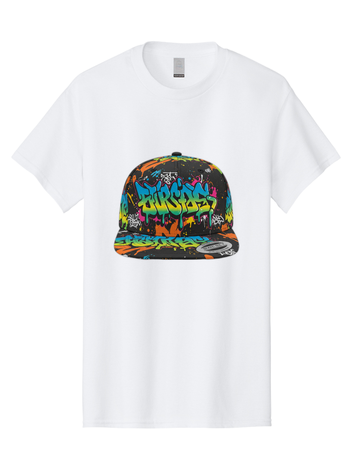 Burstin-Hustle Men'S Graphic Tee, 100% Cotton, Comfortable Casual Summer Wear, Machine Washable, Graffiti Hat, Streetwear Fashion, Urban Style, Colorful Cap, Bold Design, Vibrant Print, Trendy Headwear, Burstin, Splatter Art, Bac721