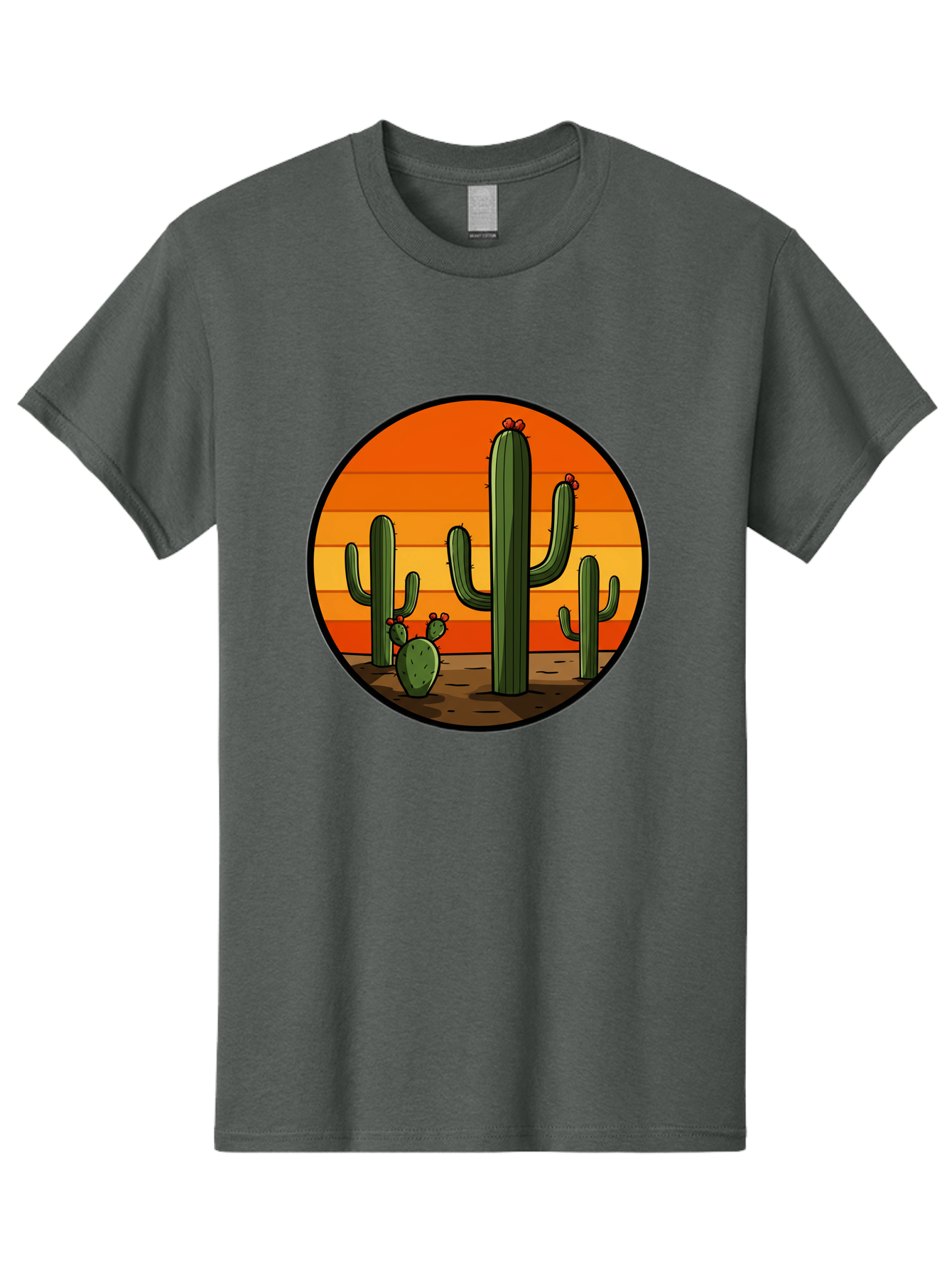 Cacti-Sunset Men'S Graphic Tee, 100% Cotton, Comfortable Casual Summer Wear, Machine Washable, Desert Landscape, Cacti, Sunset, Orange Gradient, Cartoon Style, Arid Environment, Dry Terrain, Western Scenery, Prickly Plants, Vibrant Colors Bac722