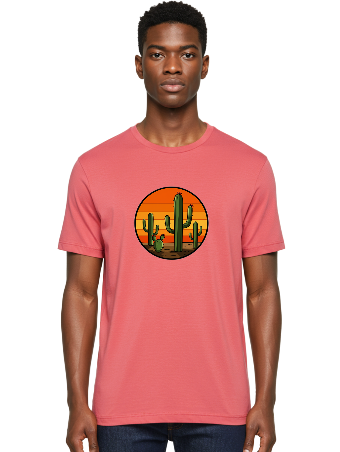 Cacti-Sunset Men'S Graphic Tee, 100% Cotton, Comfortable Casual Summer Wear, Machine Washable, Desert Landscape, Cacti, Sunset, Orange Gradient, Cartoon Style, Arid Environment, Dry Terrain, Western Scenery, Prickly Plants, Vibrant Colors Bac722