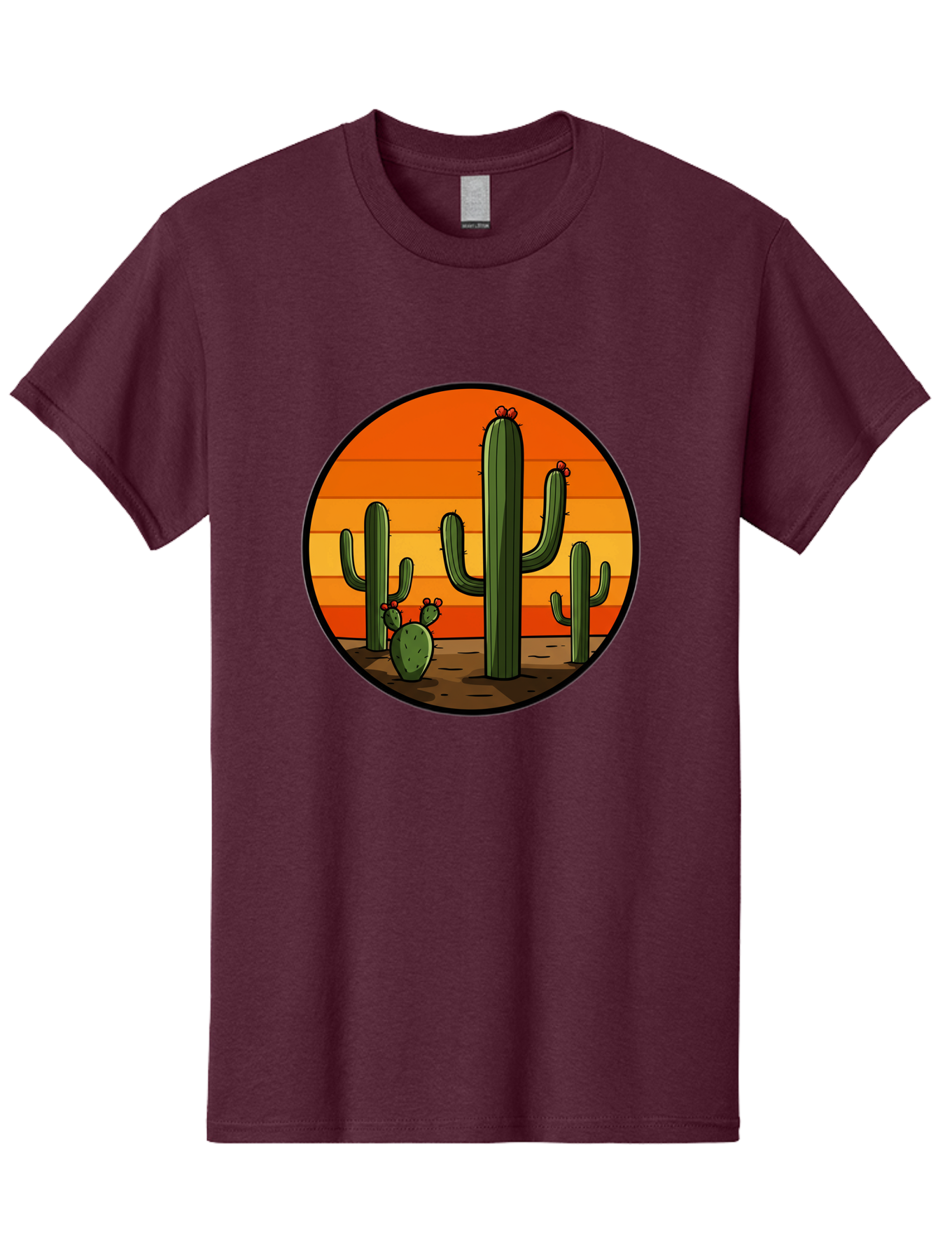 Cacti-Sunset Men'S Graphic Tee, 100% Cotton, Comfortable Casual Summer Wear, Machine Washable, Desert Landscape, Cacti, Sunset, Orange Gradient, Cartoon Style, Arid Environment, Dry Terrain, Western Scenery, Prickly Plants, Vibrant Colors Bac722
