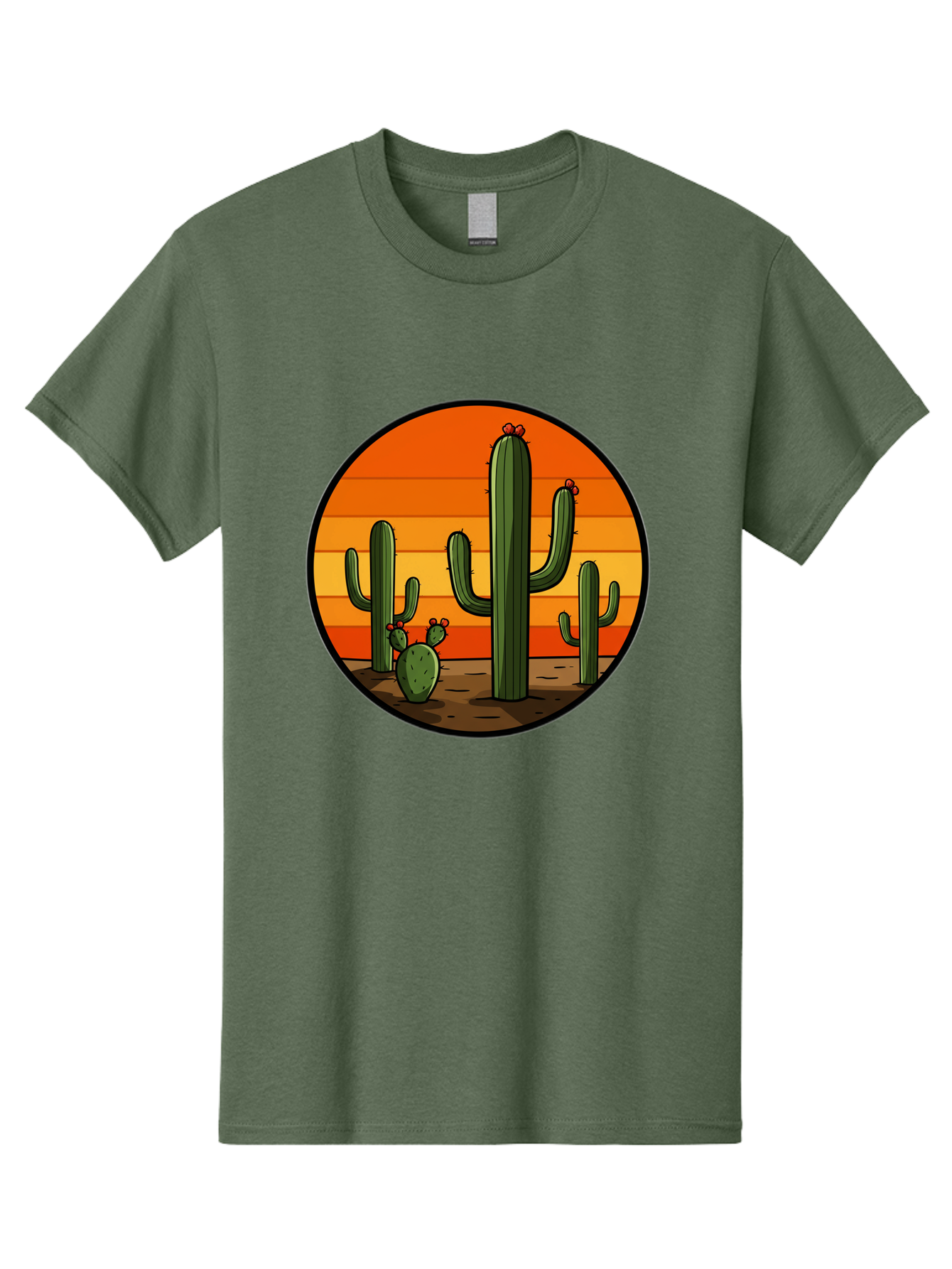 Cacti-Sunset Men'S Graphic Tee, 100% Cotton, Comfortable Casual Summer Wear, Machine Washable, Desert Landscape, Cacti, Sunset, Orange Gradient, Cartoon Style, Arid Environment, Dry Terrain, Western Scenery, Prickly Plants, Vibrant Colors Bac722
