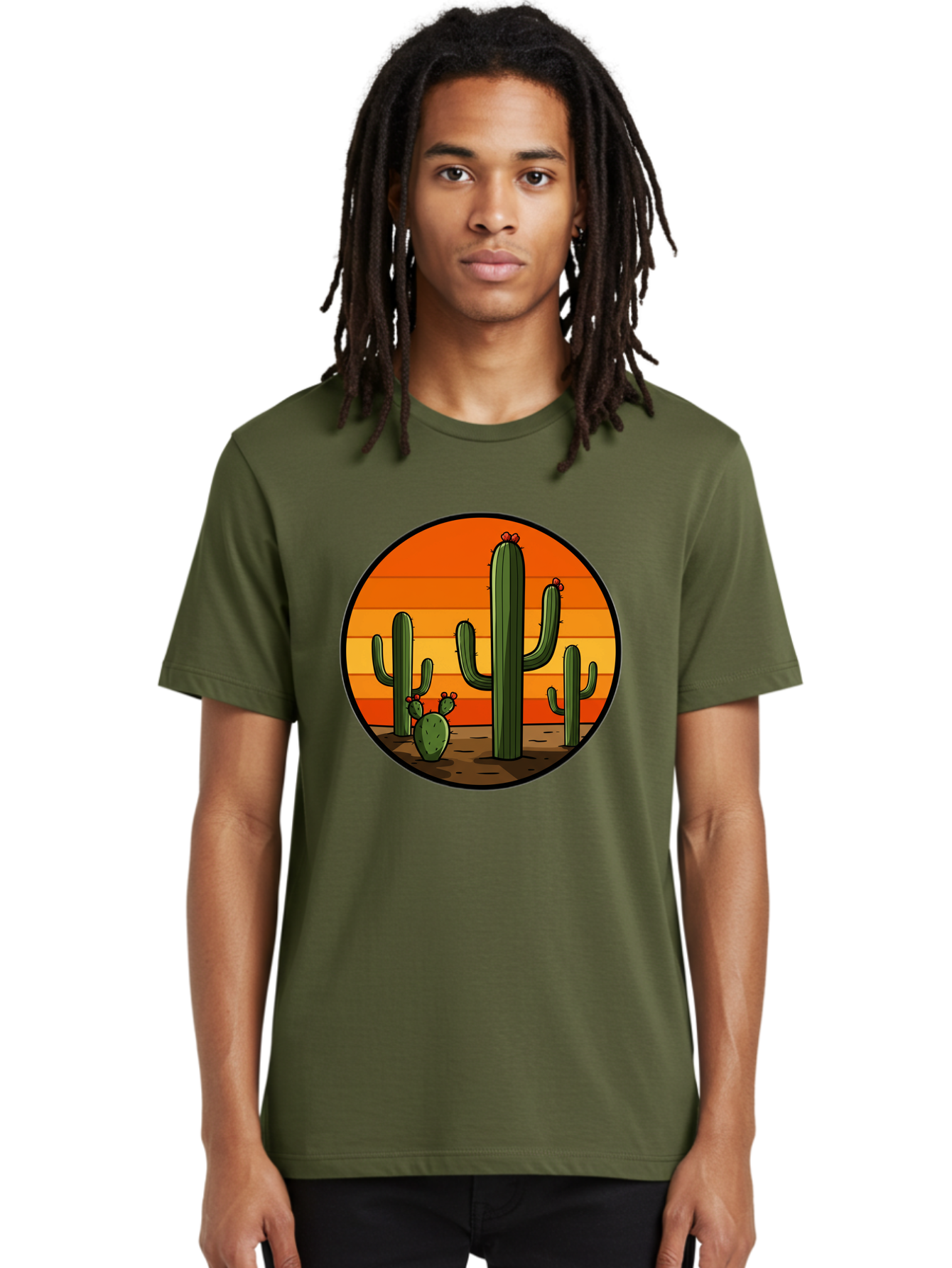 Cacti-Sunset Men'S Graphic Tee, 100% Cotton, Comfortable Casual Summer Wear, Machine Washable, Desert Landscape, Cacti, Sunset, Orange Gradient, Cartoon Style, Arid Environment, Dry Terrain, Western Scenery, Prickly Plants, Vibrant Colors Bac722
