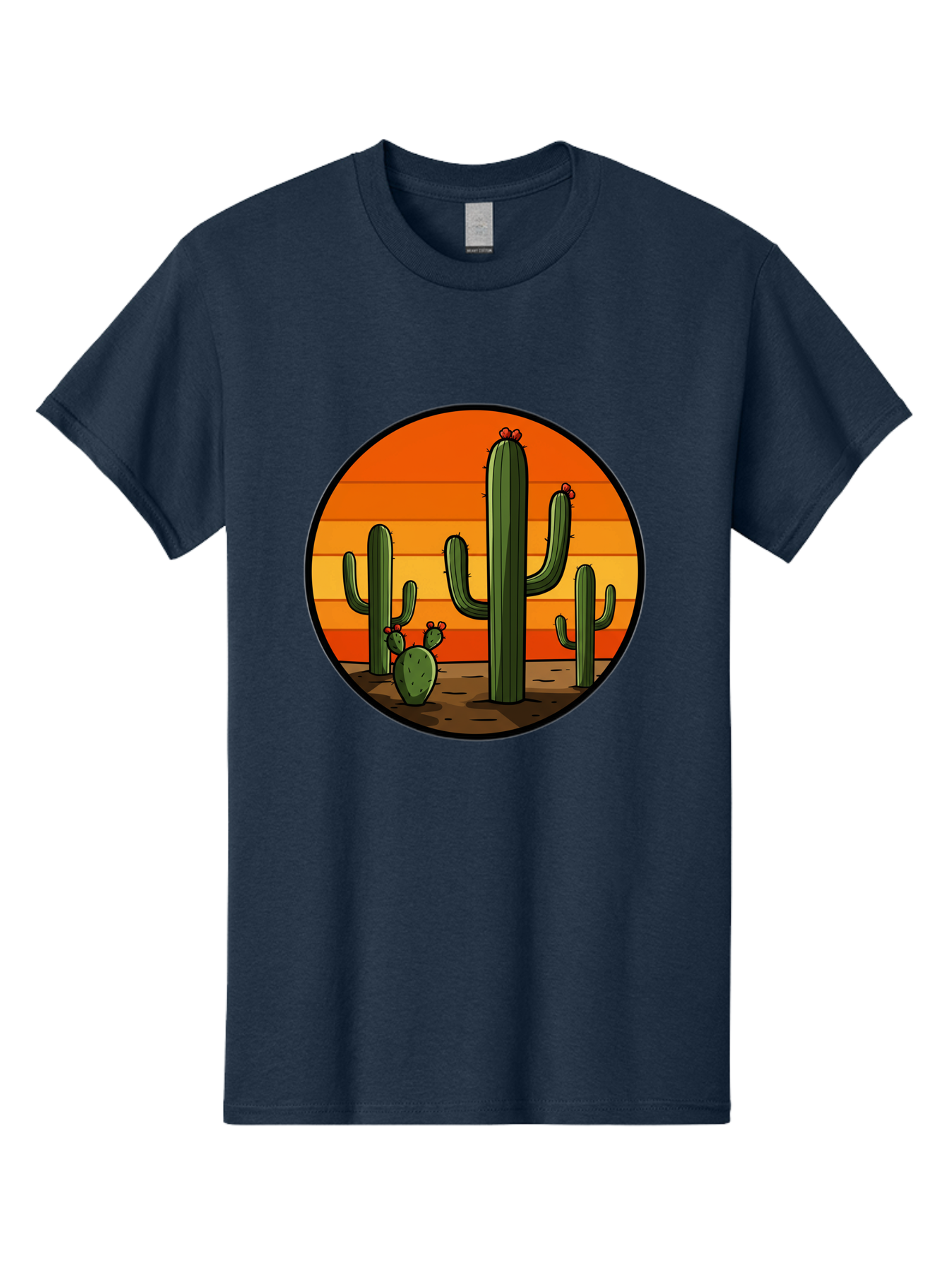 Cacti-Sunset Men'S Graphic Tee, 100% Cotton, Comfortable Casual Summer Wear, Machine Washable, Desert Landscape, Cacti, Sunset, Orange Gradient, Cartoon Style, Arid Environment, Dry Terrain, Western Scenery, Prickly Plants, Vibrant Colors Bac722