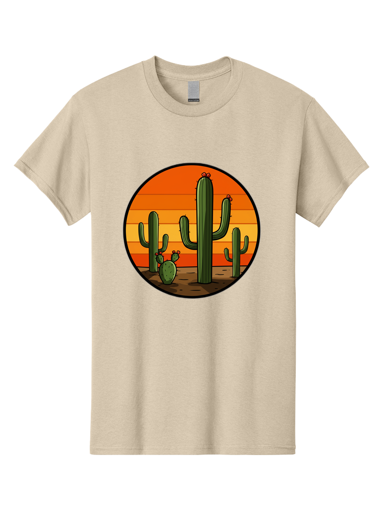 Cacti-Sunset Men'S Graphic Tee, 100% Cotton, Comfortable Casual Summer Wear, Machine Washable, Desert Landscape, Cacti, Sunset, Orange Gradient, Cartoon Style, Arid Environment, Dry Terrain, Western Scenery, Prickly Plants, Vibrant Colors Bac722