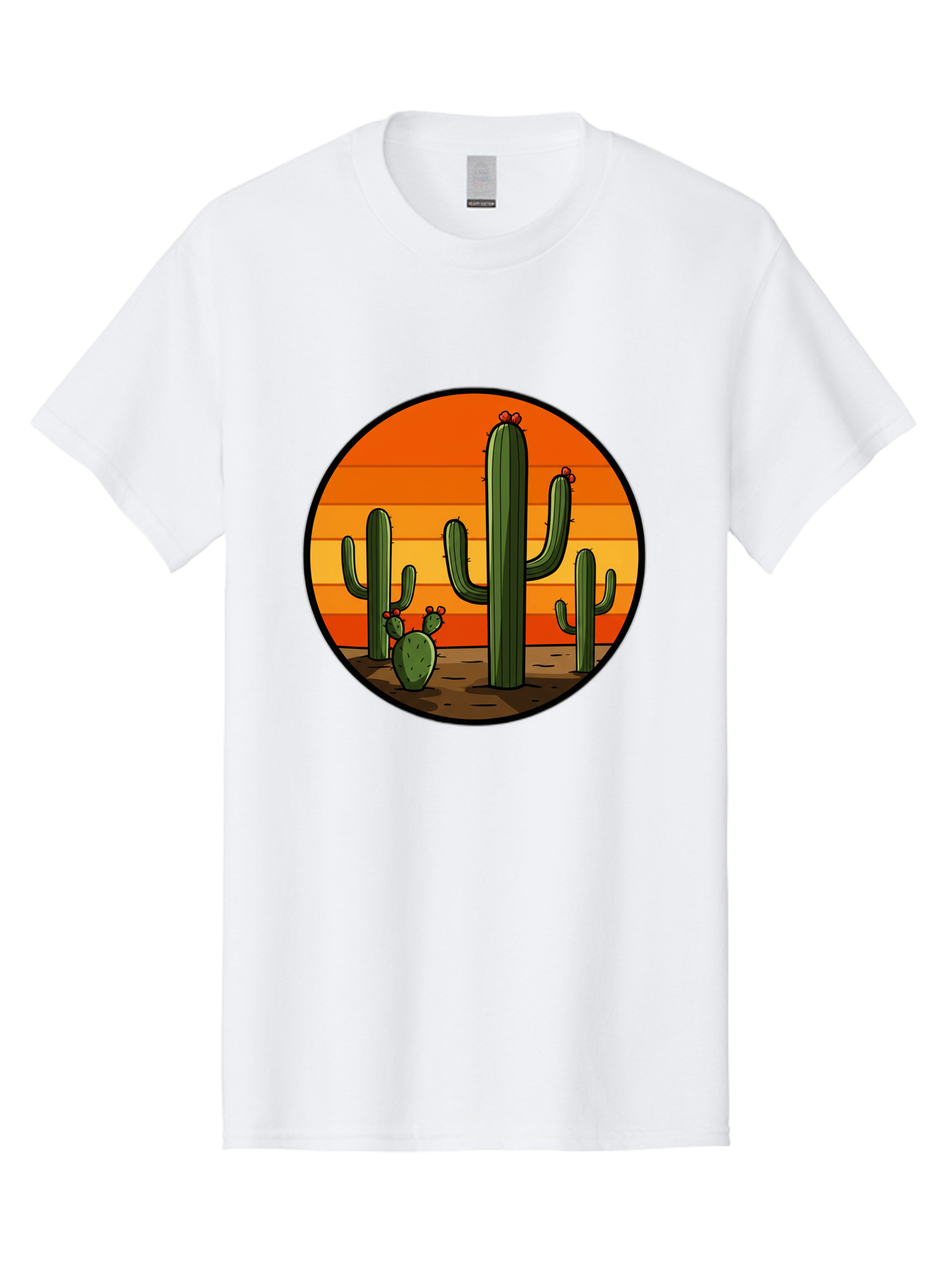 Cacti-Sunset Men'S Graphic Tee, 100% Cotton, Comfortable Casual Summer Wear, Machine Washable, Desert Landscape, Cacti, Sunset, Orange Gradient, Cartoon Style, Arid Environment, Dry Terrain, Western Scenery, Prickly Plants, Vibrant Colors Bac722