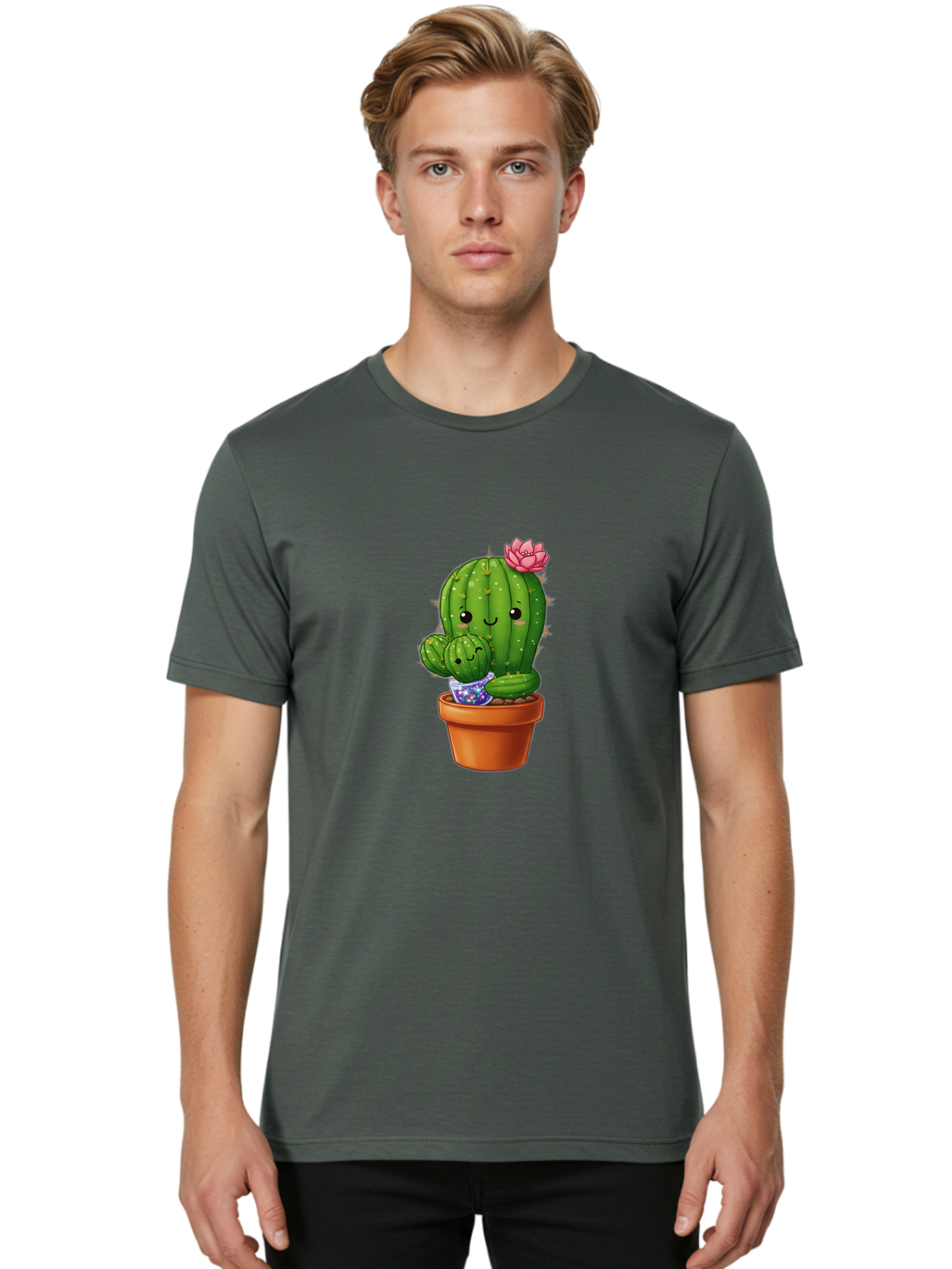 Cactus-1 Men'S Graphic Tee, 100% Cotton, Comfortable Casual Summer Wear, Machine Washable, Cactus In Terracotta Pot, Smiling Cactus, Baby Cactus In Pot, Cute Cartoon Cactus, Cactus With Pink Flower, Happy Cactus, Desert Plants, Adorable Cacti, Bac723