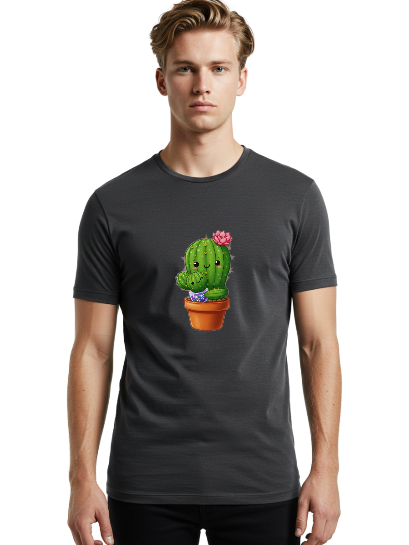 Cactus-1 Men'S Graphic Tee, 100% Cotton, Comfortable Casual Summer Wear, Machine Washable, Cactus In Terracotta Pot, Smiling Cactus, Baby Cactus In Pot, Cute Cartoon Cactus, Cactus With Pink Flower, Happy Cactus, Desert Plants, Adorable Cacti, Bac723