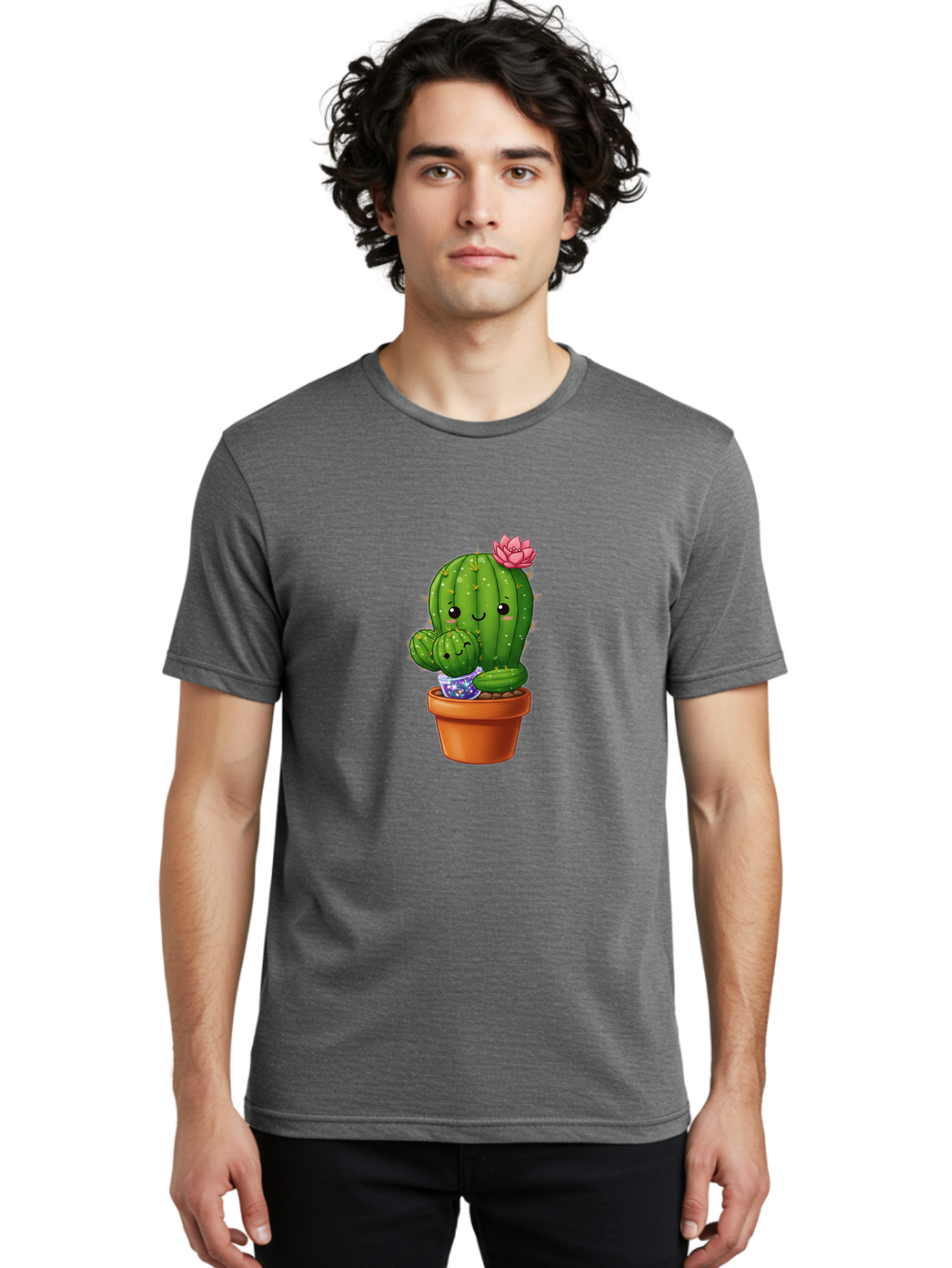 Cactus-1 Men'S Graphic Tee, 100% Cotton, Comfortable Casual Summer Wear, Machine Washable, Cactus In Terracotta Pot, Smiling Cactus, Baby Cactus In Pot, Cute Cartoon Cactus, Cactus With Pink Flower, Happy Cactus, Desert Plants, Adorable Cacti, Bac723