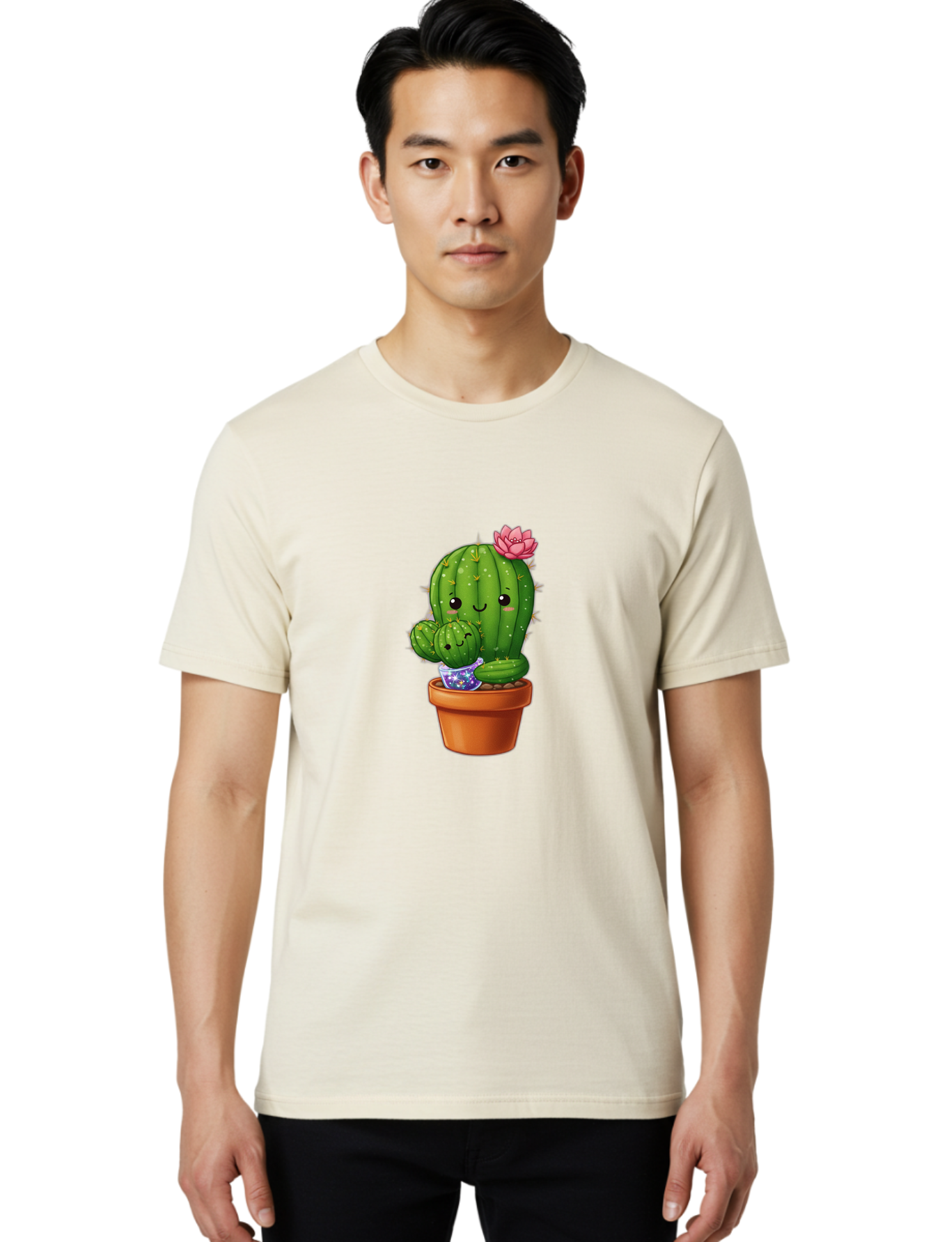 Cactus-1 Men'S Graphic Tee, 100% Cotton, Comfortable Casual Summer Wear, Machine Washable, Cactus In Terracotta Pot, Smiling Cactus, Baby Cactus In Pot, Cute Cartoon Cactus, Cactus With Pink Flower, Happy Cactus, Desert Plants, Adorable Cacti, Bac723