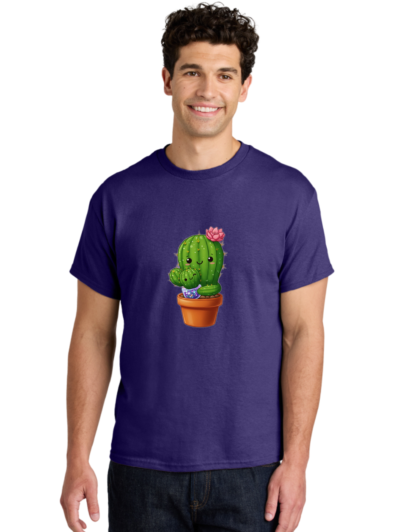 Cactus-1 Men'S Graphic Tee, 100% Cotton, Comfortable Casual Summer Wear, Machine Washable, Cactus In Terracotta Pot, Smiling Cactus, Baby Cactus In Pot, Cute Cartoon Cactus, Cactus With Pink Flower, Happy Cactus, Desert Plants, Adorable Cacti, Bac723