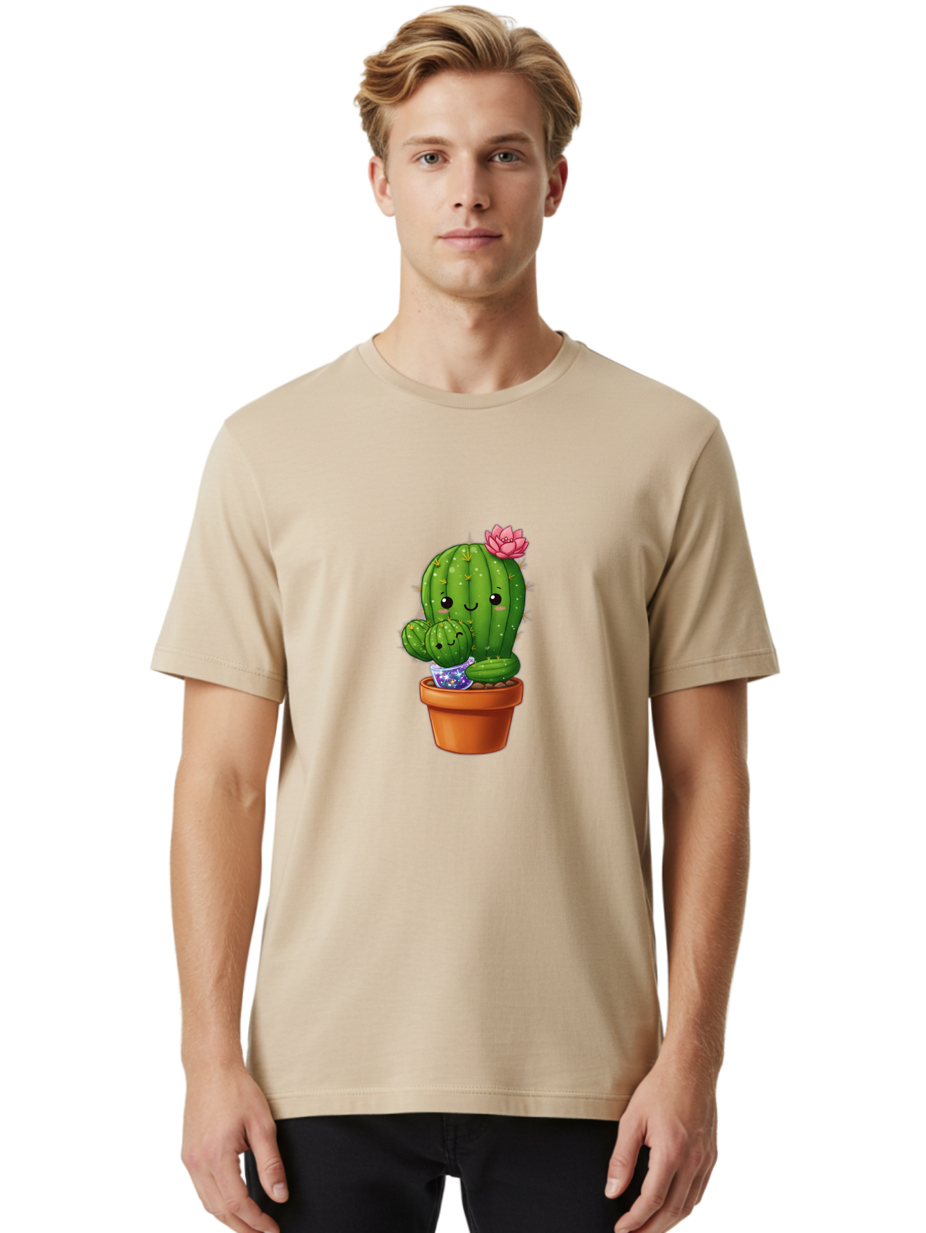 Cactus-1 Men'S Graphic Tee, 100% Cotton, Comfortable Casual Summer Wear, Machine Washable, Cactus In Terracotta Pot, Smiling Cactus, Baby Cactus In Pot, Cute Cartoon Cactus, Cactus With Pink Flower, Happy Cactus, Desert Plants, Adorable Cacti, Bac723