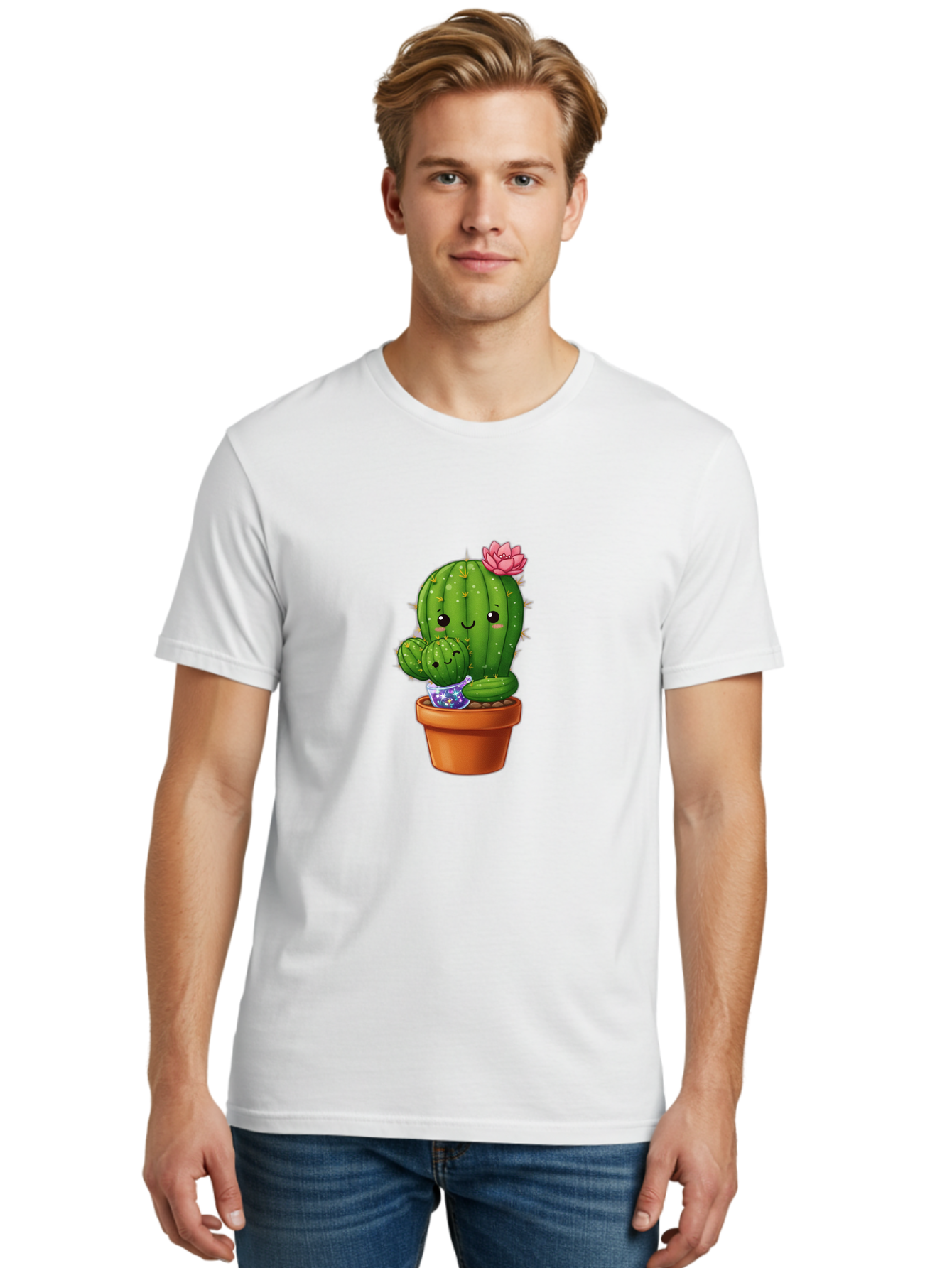 Cactus-1 Men'S Graphic Tee, 100% Cotton, Comfortable Casual Summer Wear, Machine Washable, Cactus In Terracotta Pot, Smiling Cactus, Baby Cactus In Pot, Cute Cartoon Cactus, Cactus With Pink Flower, Happy Cactus, Desert Plants, Adorable Cacti, Bac723