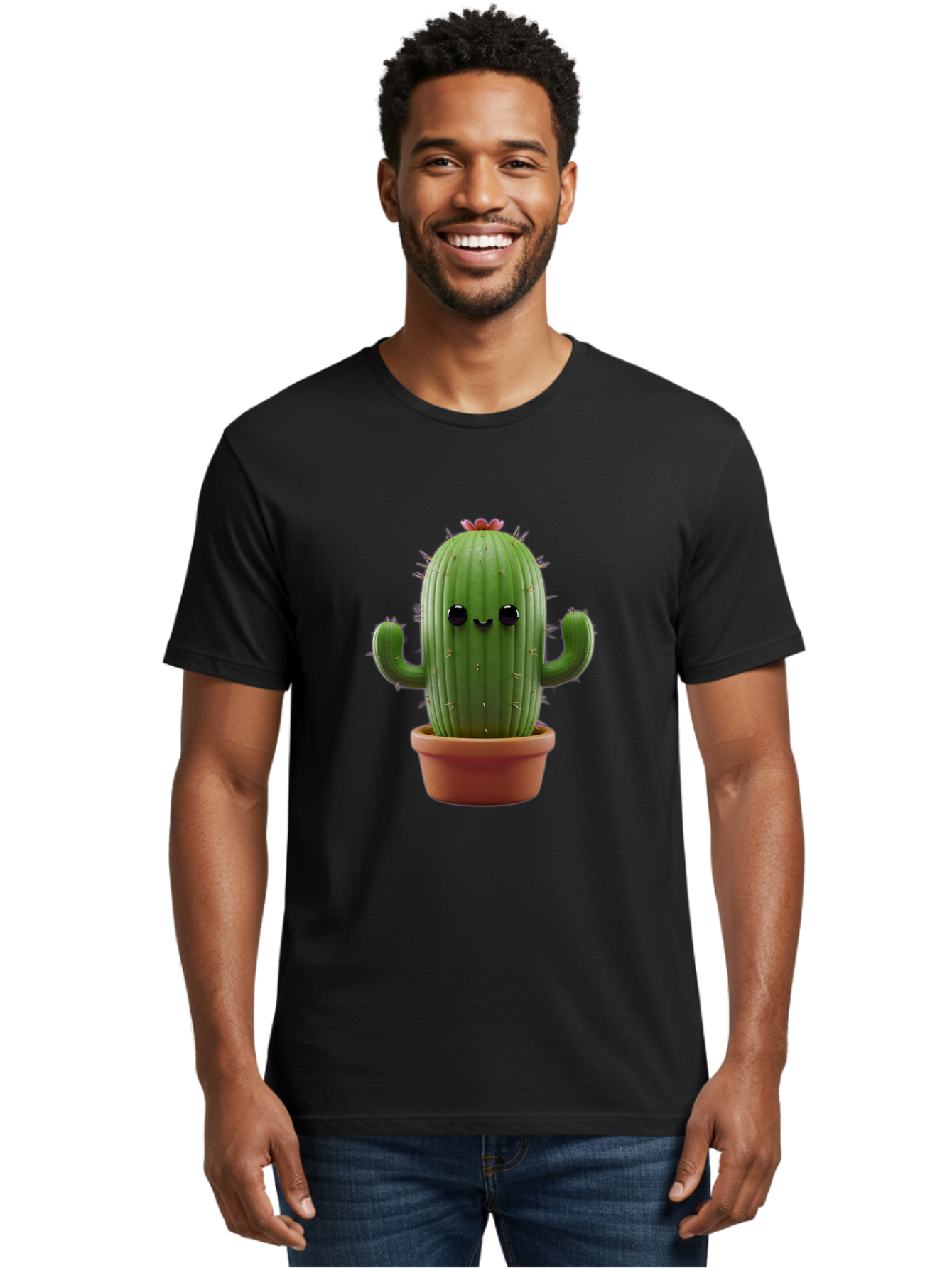 Cactus-4 Men'S Graphic Tee, 100% Cotton, Comfortable Casual Summer Wear, Machine Washable, Cute Cactus, Potted Plant, Cartoon Character, Desert Flora, Funny Face, Small Arms, Spiky Texture, Kawaii Style, Terracotta Pot, Digital Illustration Bac726