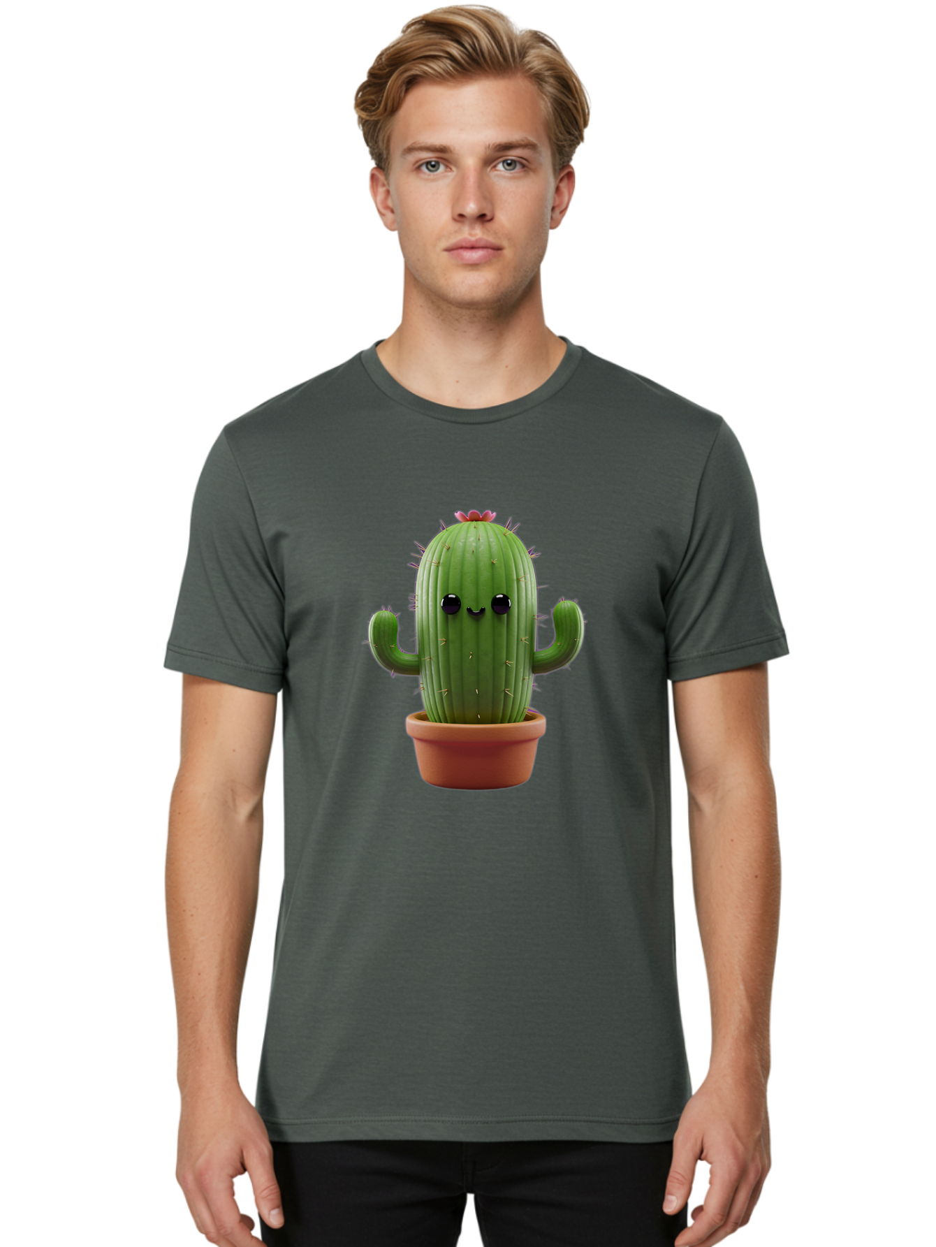 Cactus-4 Men'S Graphic Tee, 100% Cotton, Comfortable Casual Summer Wear, Machine Washable, Cute Cactus, Potted Plant, Cartoon Character, Desert Flora, Funny Face, Small Arms, Spiky Texture, Kawaii Style, Terracotta Pot, Digital Illustration Bac726
