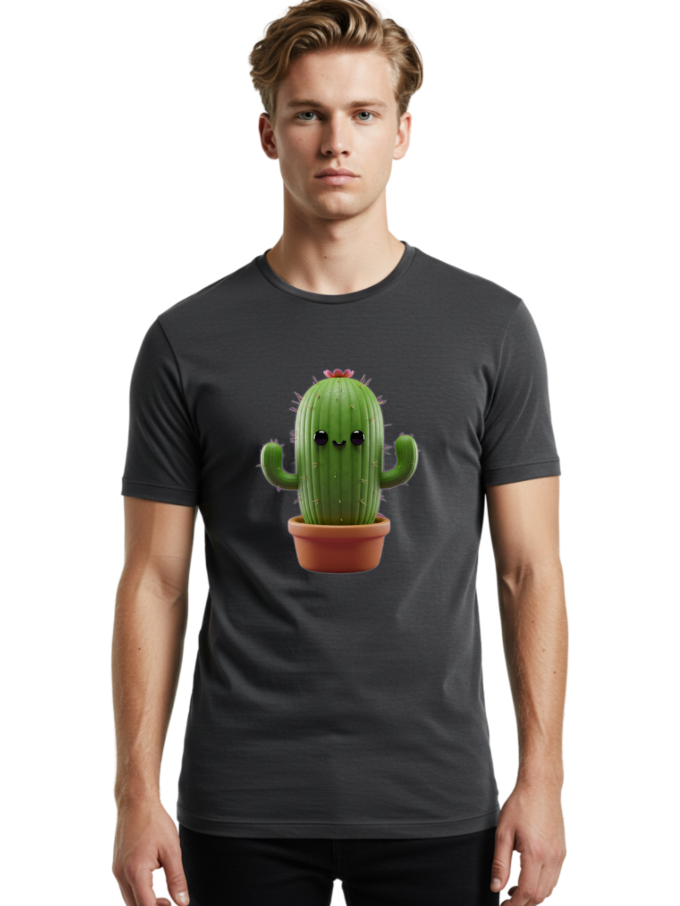 Cactus-4 Men'S Graphic Tee, 100% Cotton, Comfortable Casual Summer Wear, Machine Washable, Cute Cactus, Potted Plant, Cartoon Character, Desert Flora, Funny Face, Small Arms, Spiky Texture, Kawaii Style, Terracotta Pot, Digital Illustration Bac726