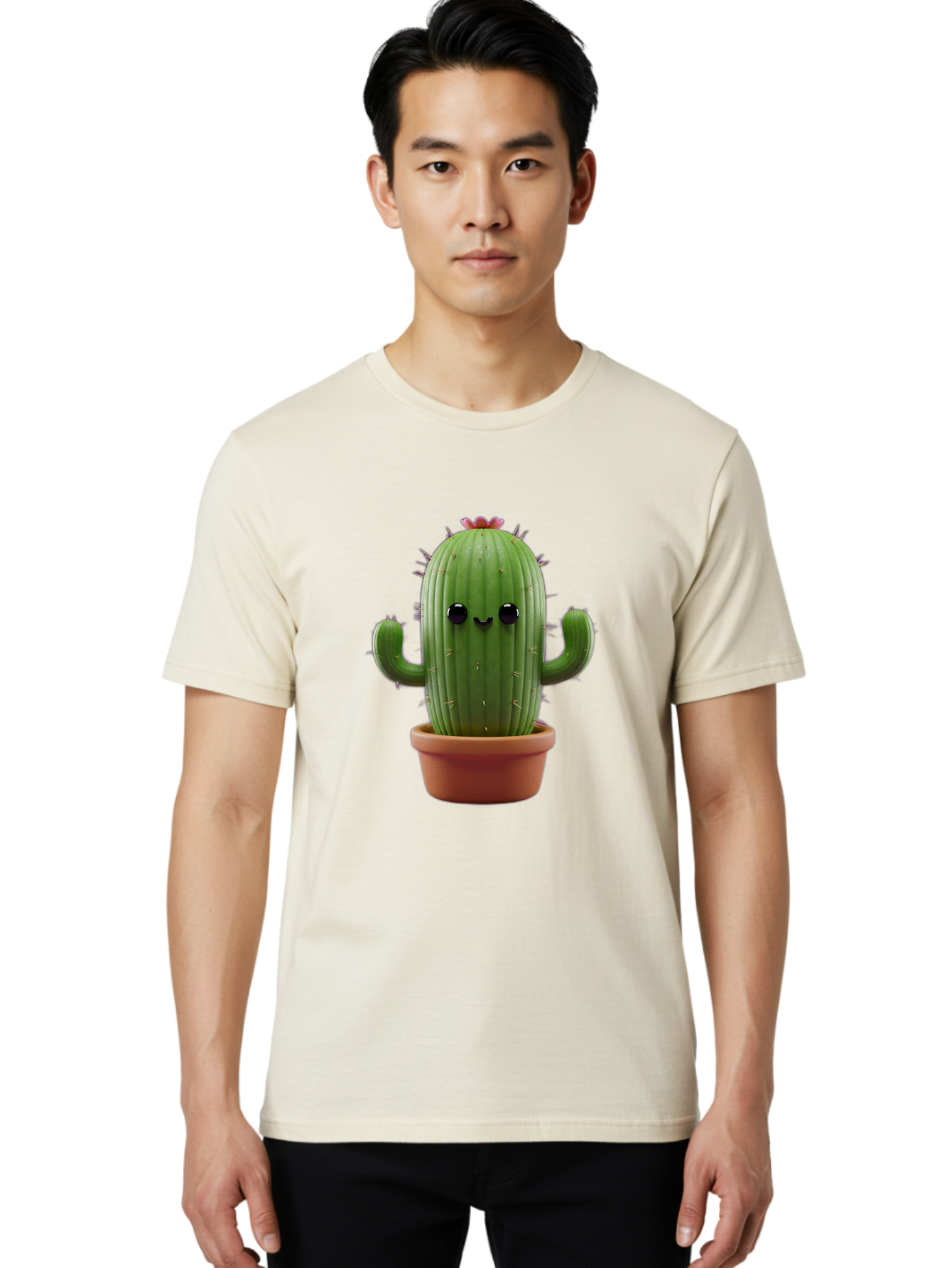 Cactus-4 Men'S Graphic Tee, 100% Cotton, Comfortable Casual Summer Wear, Machine Washable, Cute Cactus, Potted Plant, Cartoon Character, Desert Flora, Funny Face, Small Arms, Spiky Texture, Kawaii Style, Terracotta Pot, Digital Illustration Bac726