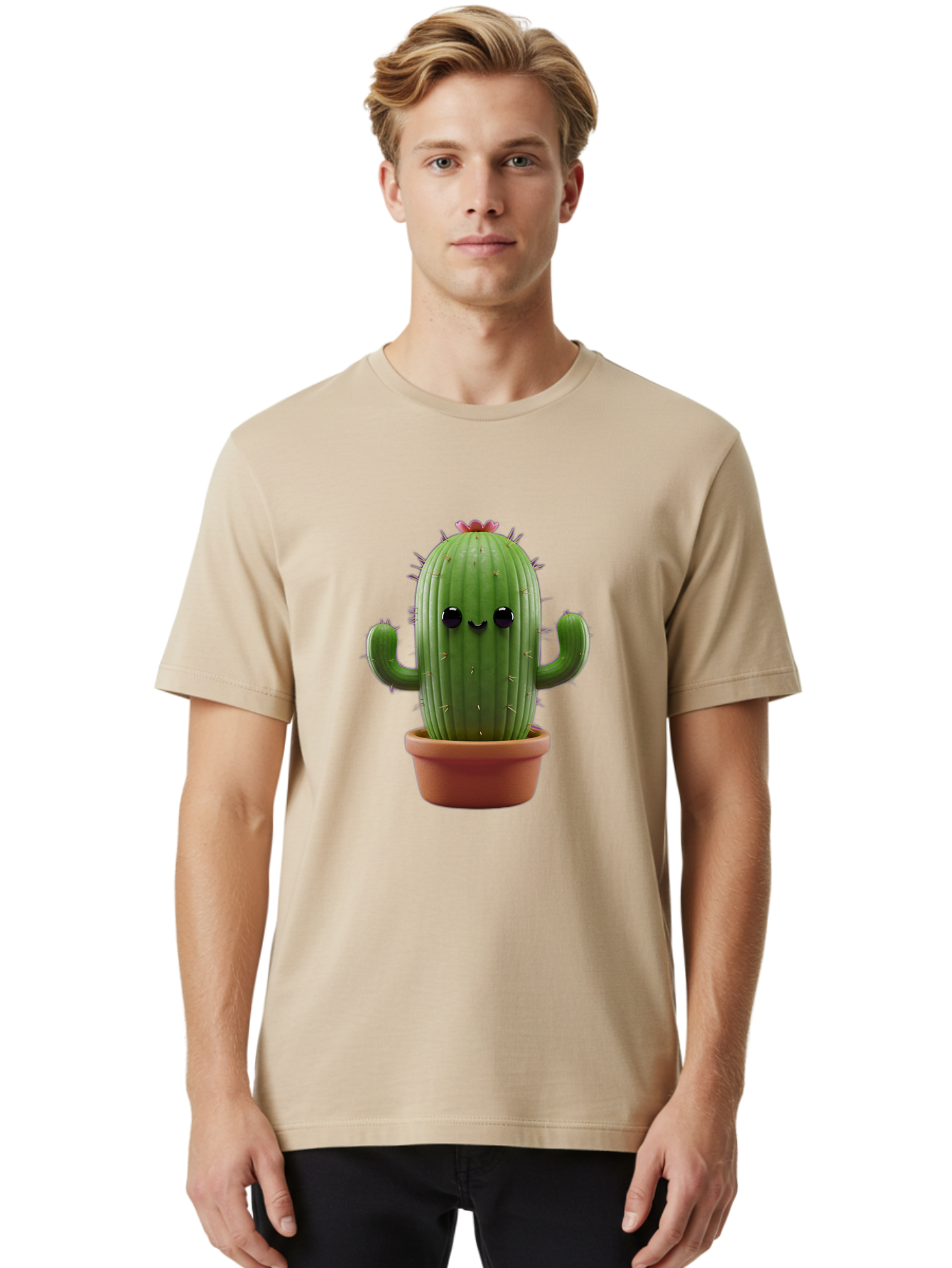 Cactus-4 Men'S Graphic Tee, 100% Cotton, Comfortable Casual Summer Wear, Machine Washable, Cute Cactus, Potted Plant, Cartoon Character, Desert Flora, Funny Face, Small Arms, Spiky Texture, Kawaii Style, Terracotta Pot, Digital Illustration Bac726