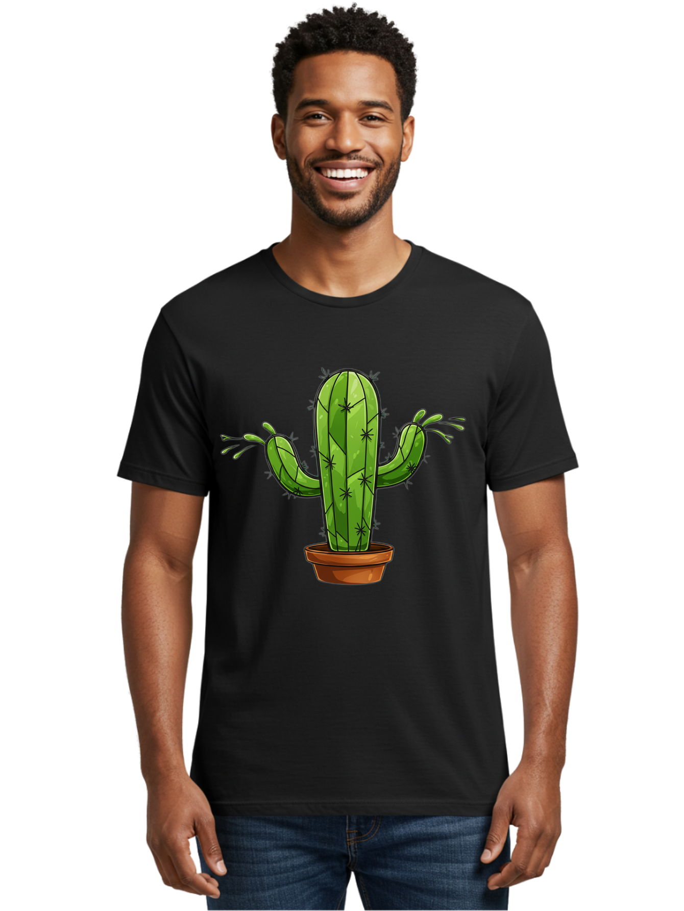 Cactus-5 Men'S Graphic Tee, 100% Cotton, Comfortable Casual Summer Wear, Machine Washable, Potted Cactus, Cartoon Cactus, Cactus Plant, Green Cactus, Terracotta Pot, Prickly Cactus, Desert Plant, Houseplant, Succulent, Cactus Illustration, Bac727