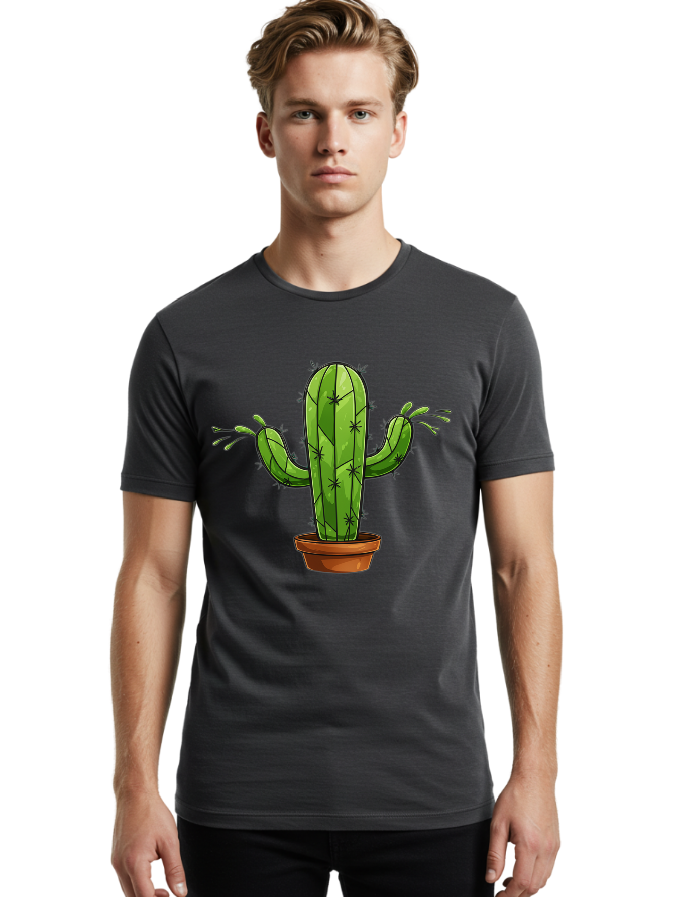 Cactus-5 Men'S Graphic Tee, 100% Cotton, Comfortable Casual Summer Wear, Machine Washable, Potted Cactus, Cartoon Cactus, Cactus Plant, Green Cactus, Terracotta Pot, Prickly Cactus, Desert Plant, Houseplant, Succulent, Cactus Illustration, Bac727