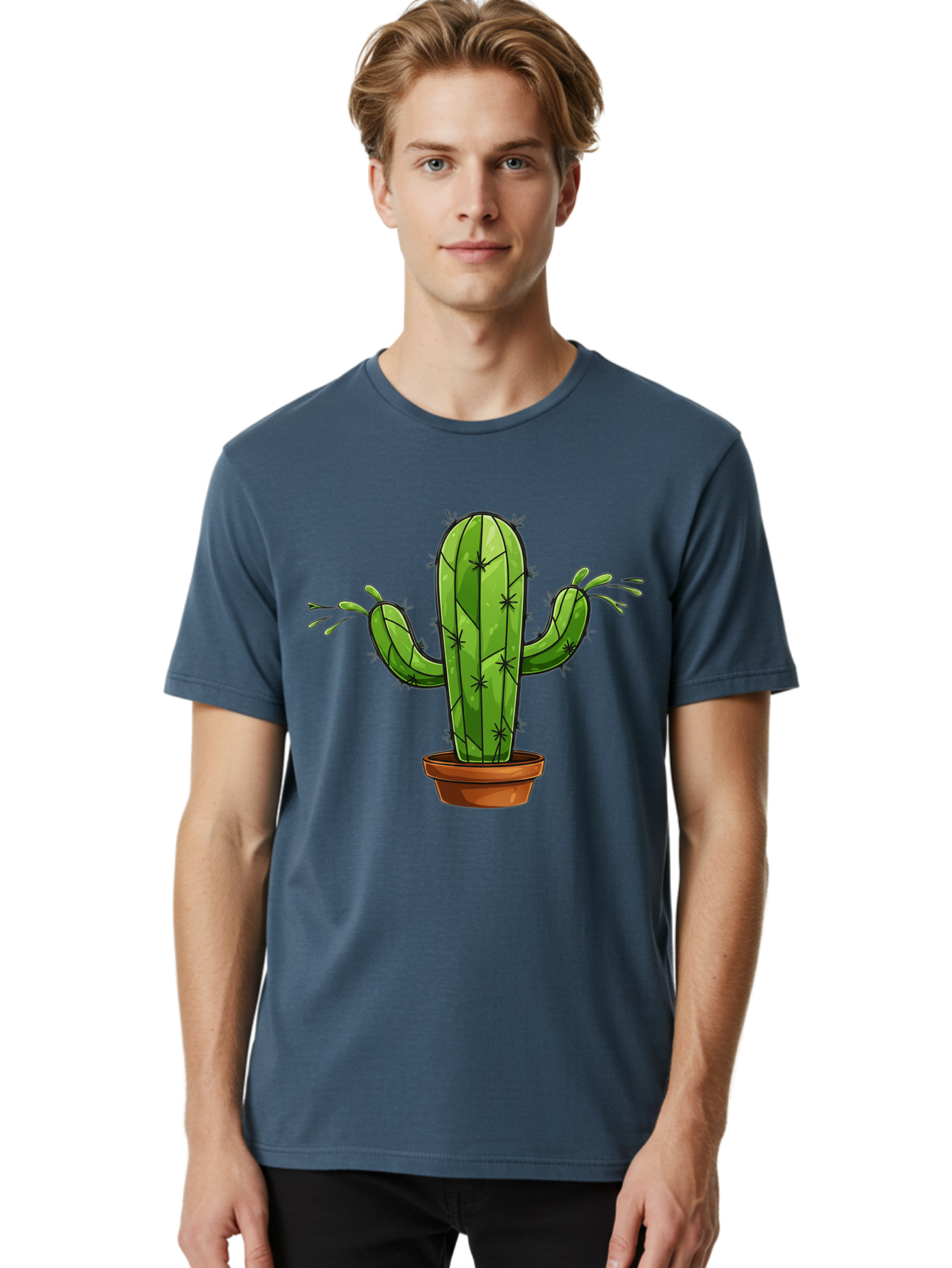 Cactus-5 Men'S Graphic Tee, 100% Cotton, Comfortable Casual Summer Wear, Machine Washable, Potted Cactus, Cartoon Cactus, Cactus Plant, Green Cactus, Terracotta Pot, Prickly Cactus, Desert Plant, Houseplant, Succulent, Cactus Illustration, Bac727